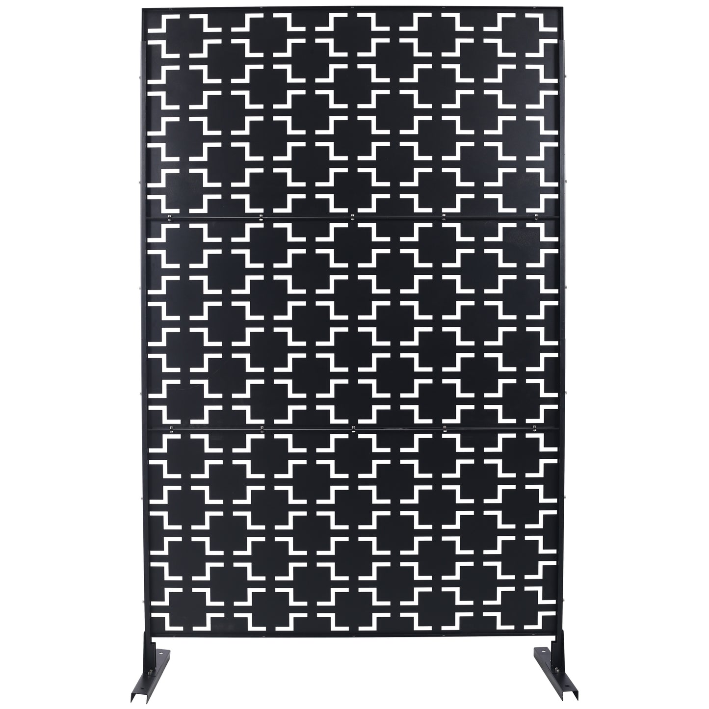 Black metal room divider with a geometric white interlocking square pattern characters
