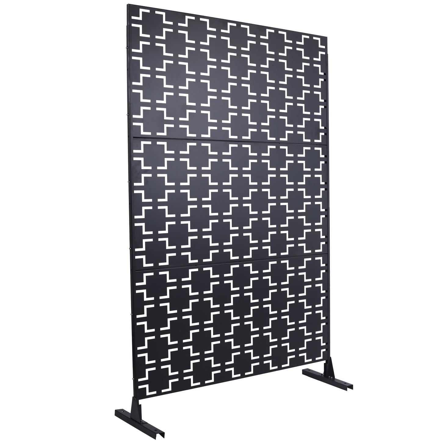 Black metal privacy screen with repeating geometric cutouts ideal for gardens