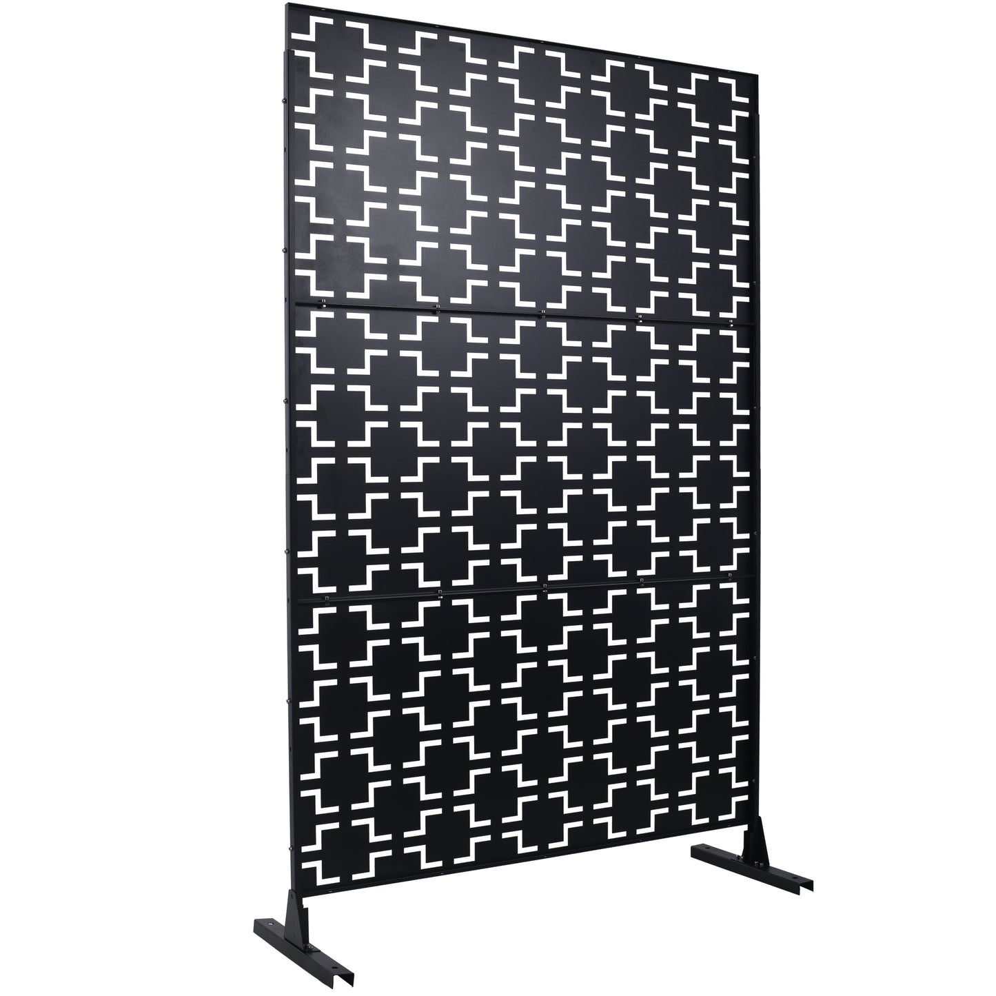 Black metal decorative screen divider with geometric cutout pattern perfect for room separation