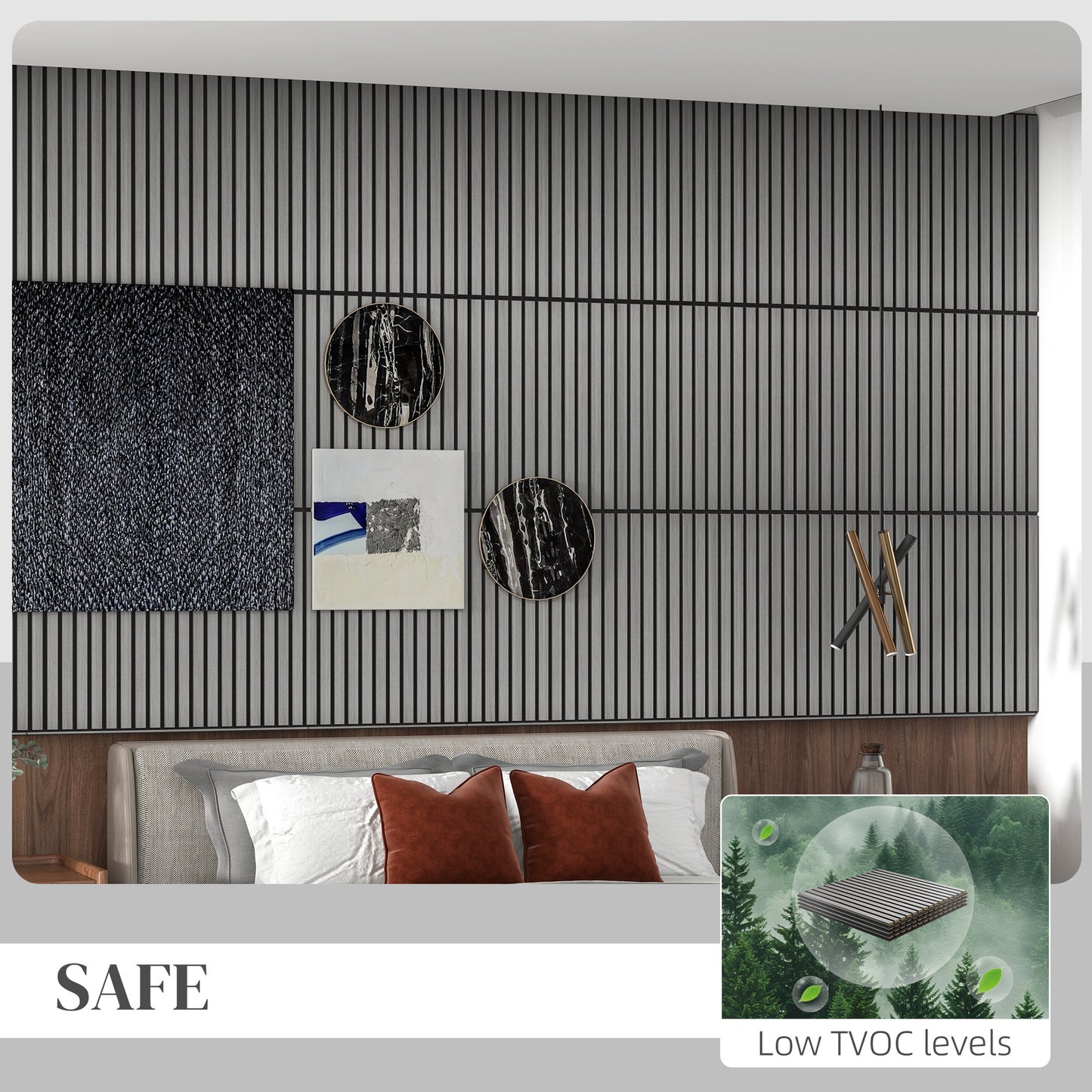 Textured dark panel art above a bed with striped wall panels and modern decor