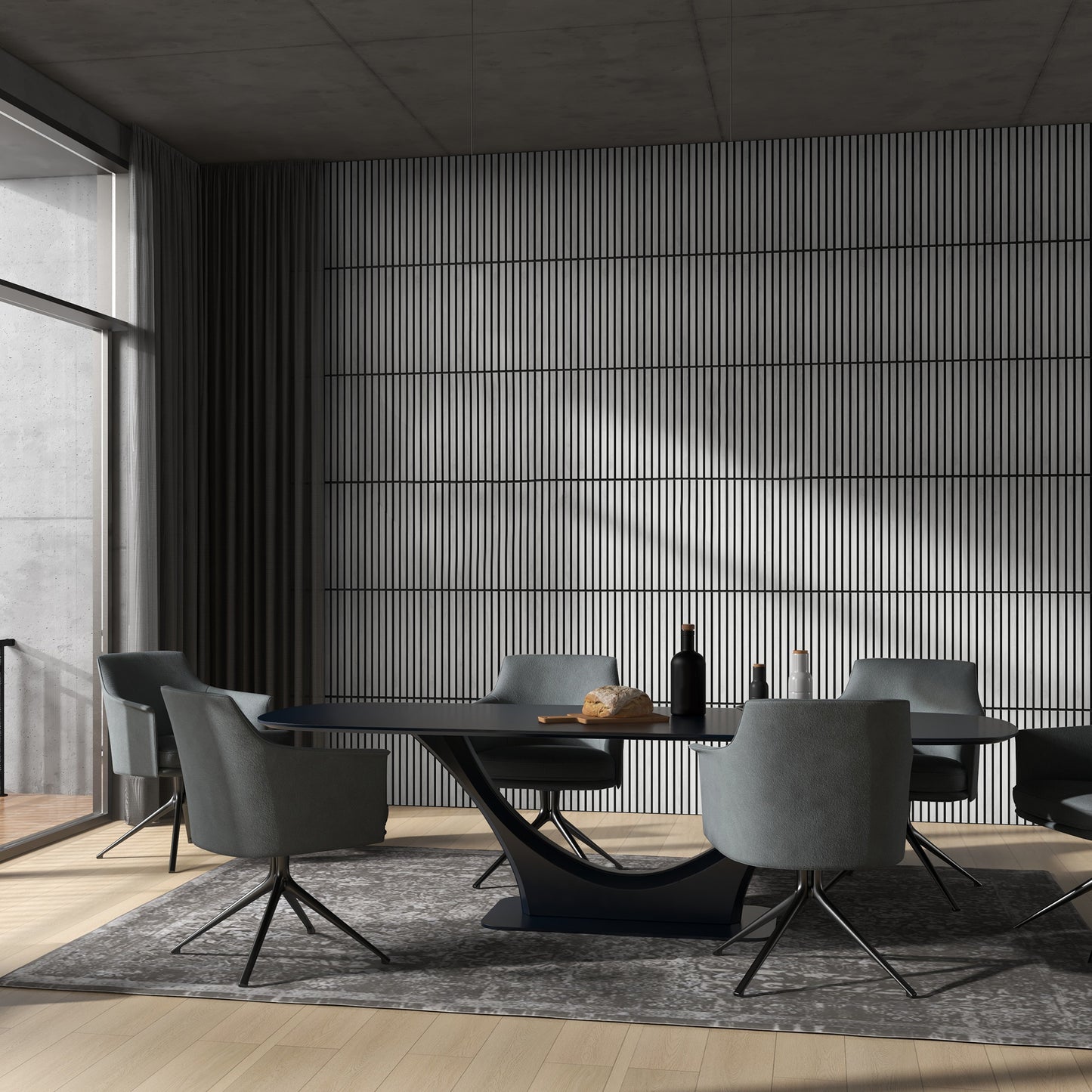 Modern grey upholstered dining chair with swivel base and black legs