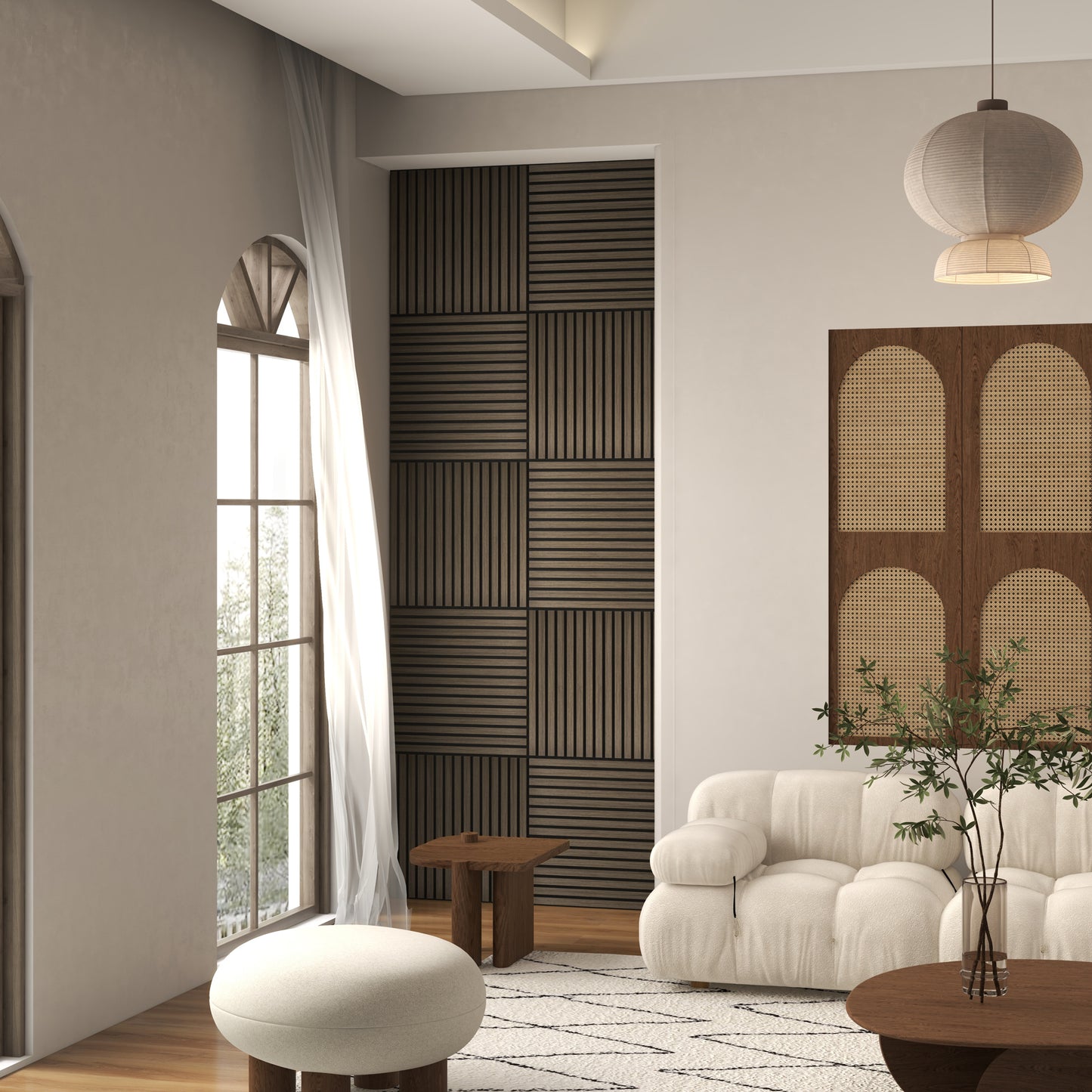 Plush ivory boucl sofa with deep tufting creating a cozy and modern living room focal point
