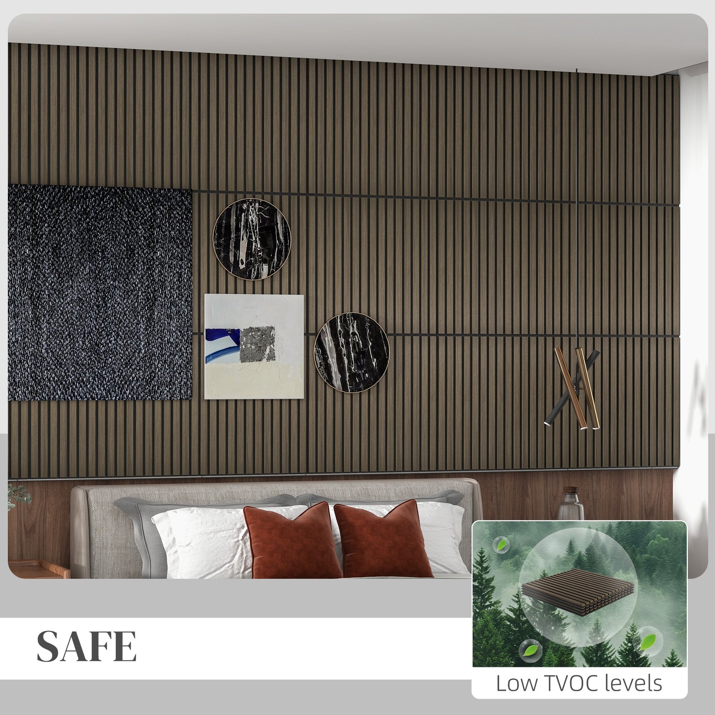 Dark wood slat wall paneling with modern wall art and bedroom interior design