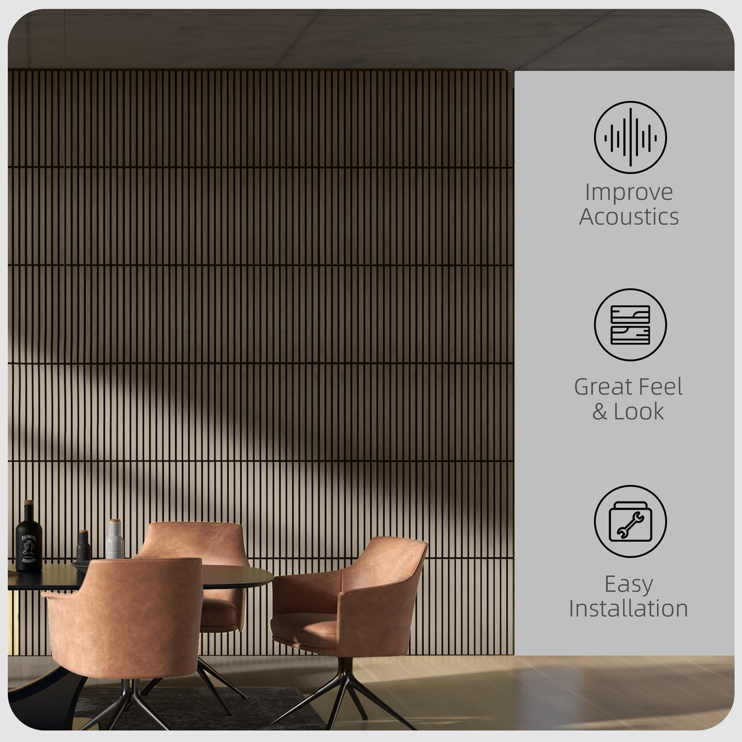 Dark wood slat wall paneling with integrated sound dampening features for improved acoustics