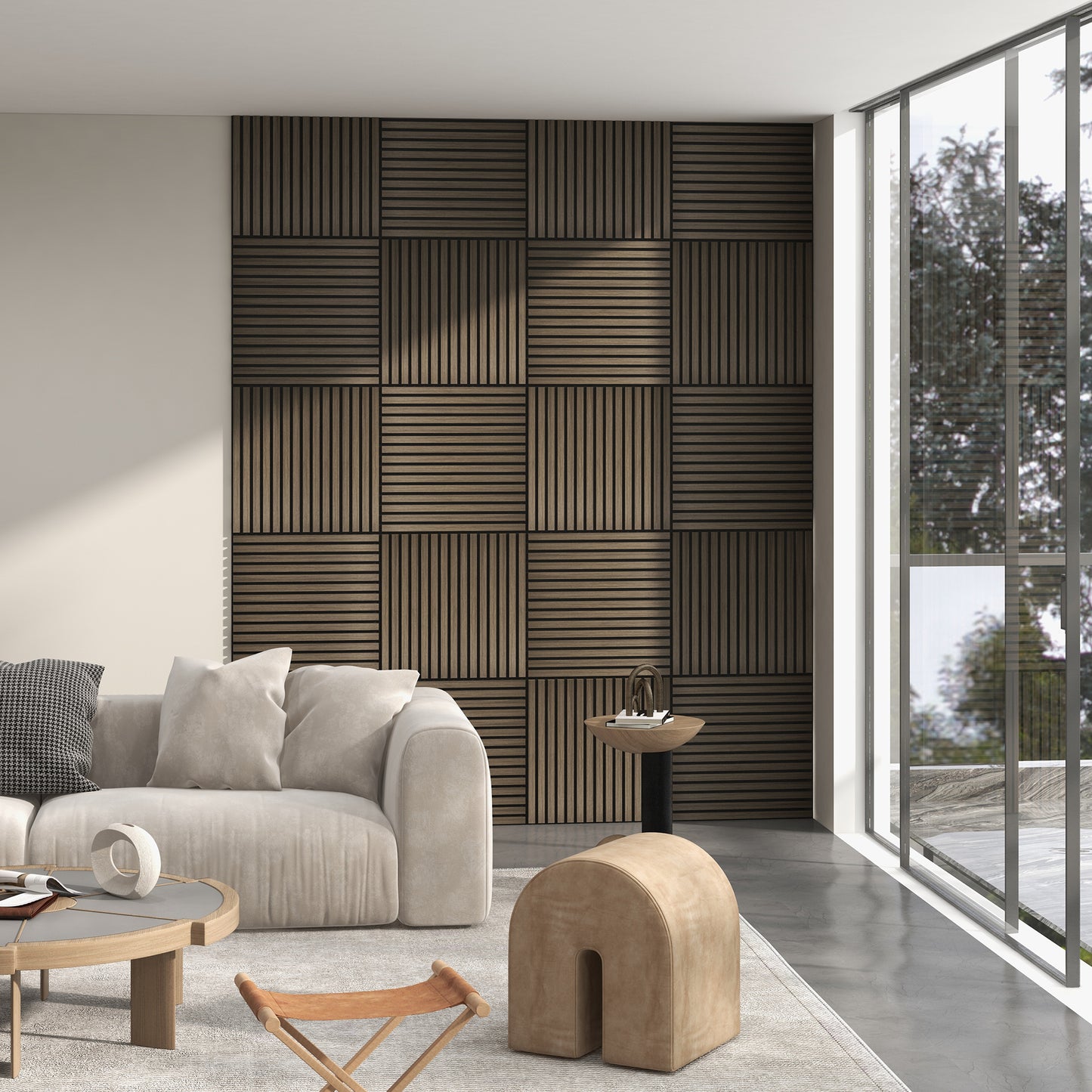 Modern wooden slat wall panels with a geometric wood design adding warmth and texture to living spaces