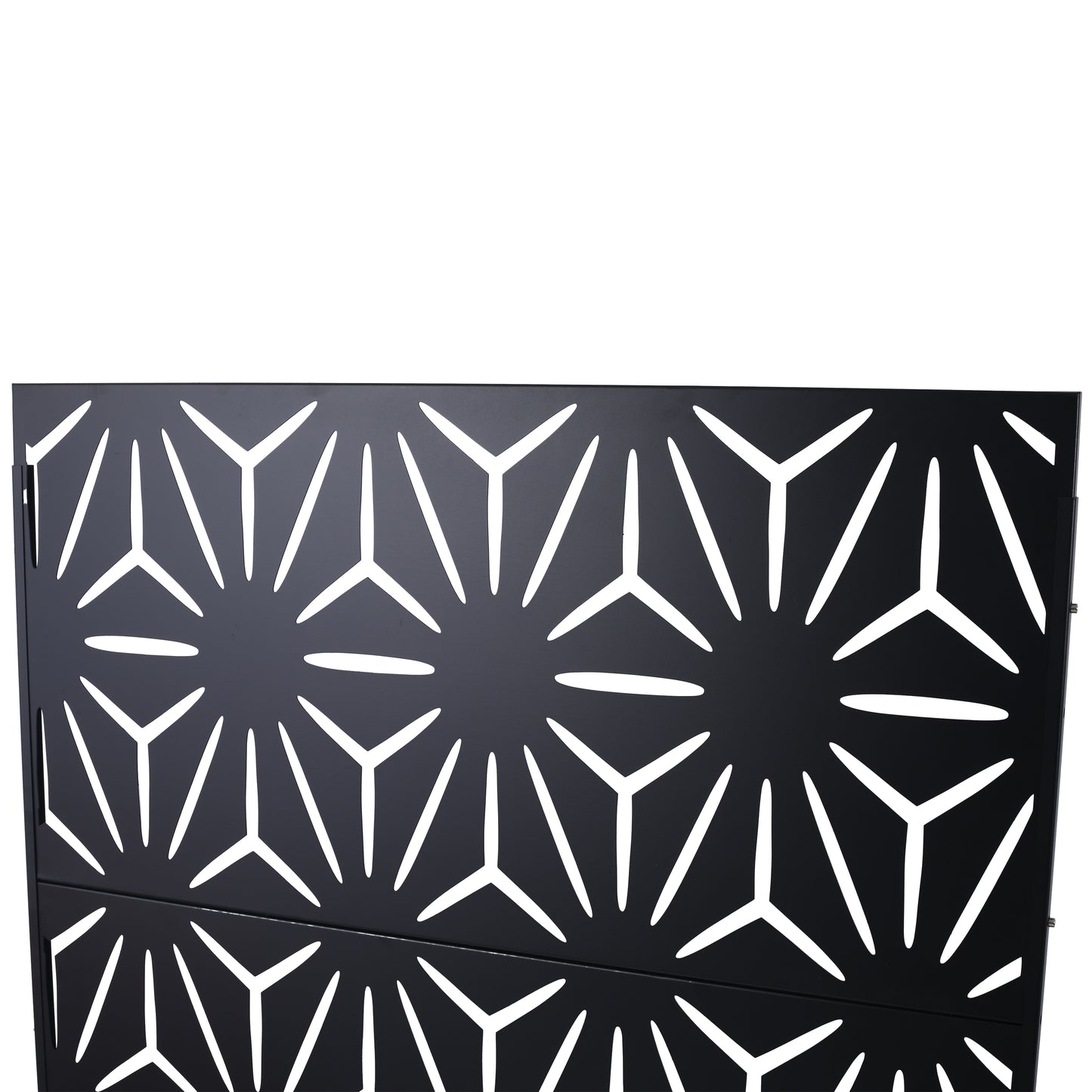 Black metal decorative screen with geometric starburst pattern for modern garden fences
