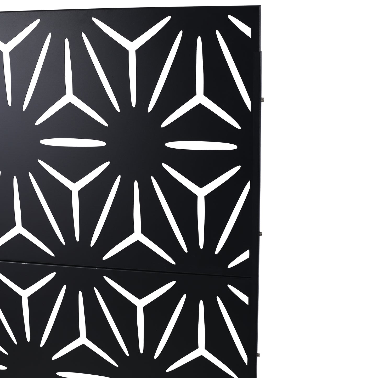 Black metal decorative panel with a geometric starburst pattern for outdoor screens