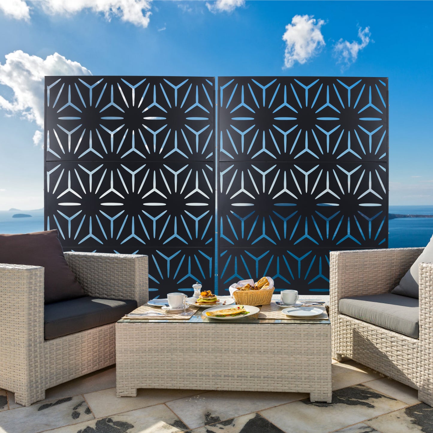 Black geometric lasercut metal privacy screen modern outdoor decor characters