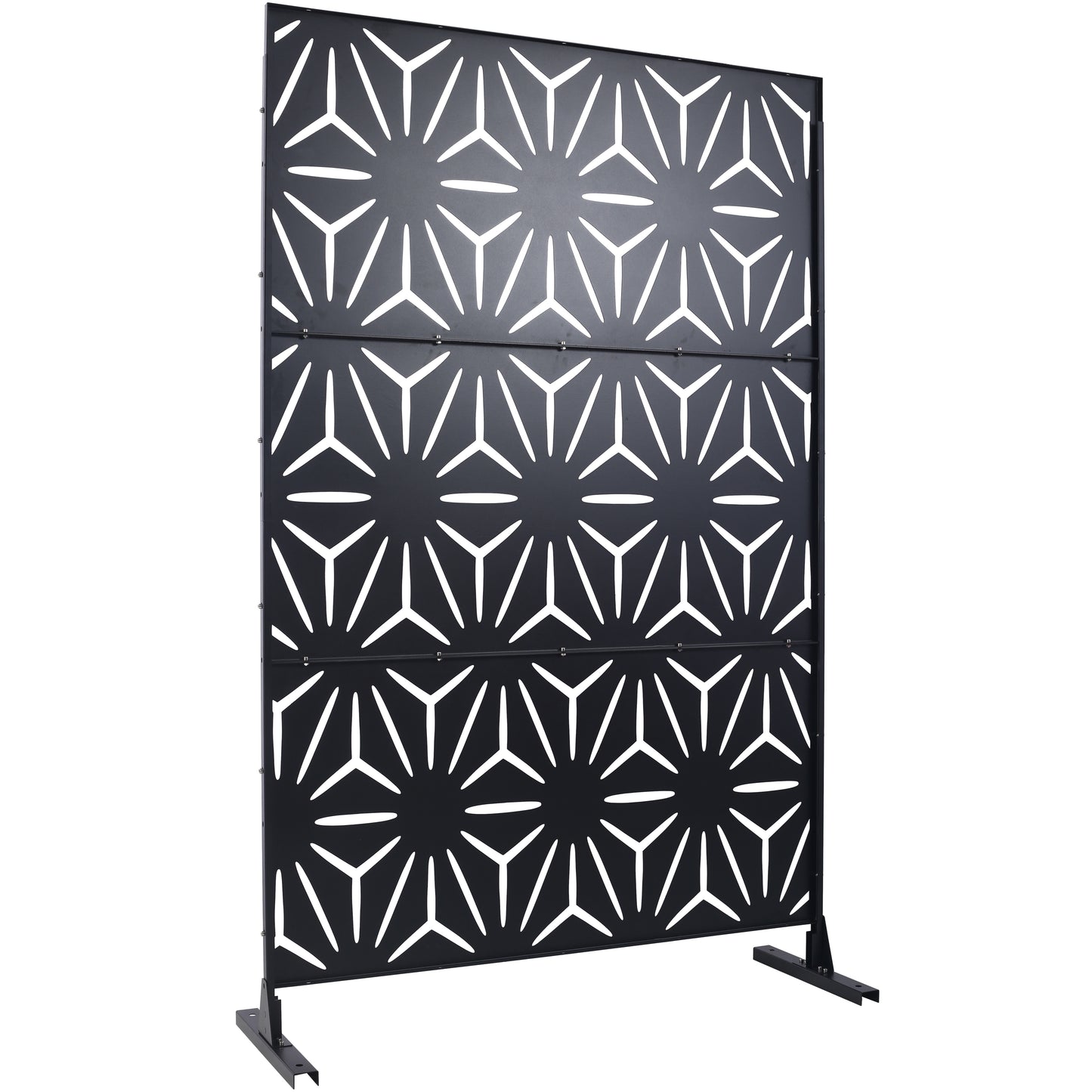 Black metal decorative garden screen with geometric sunburst pattern for outdoor privacy