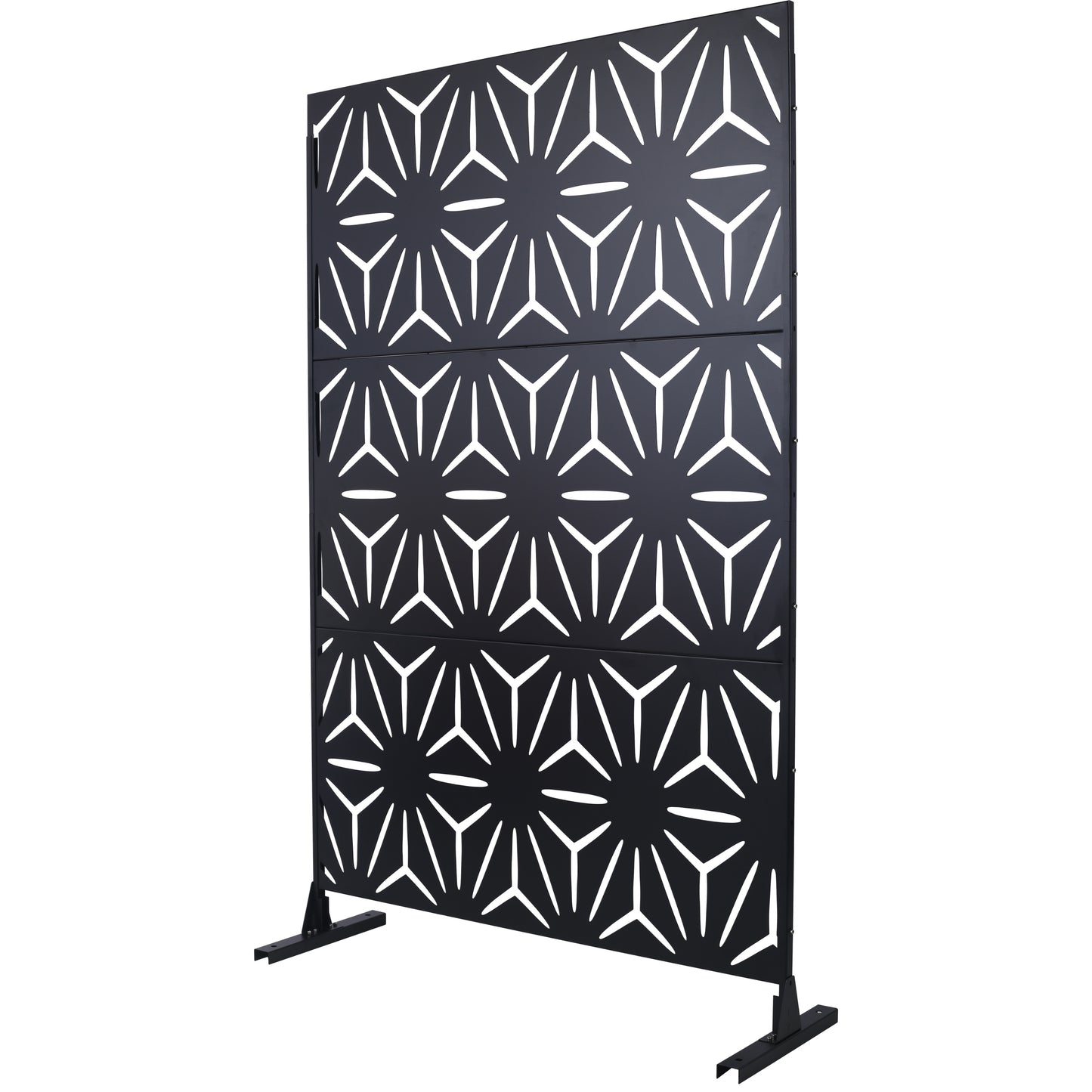 Black metal privacy screen with geometric starburst cutouts and stable base
