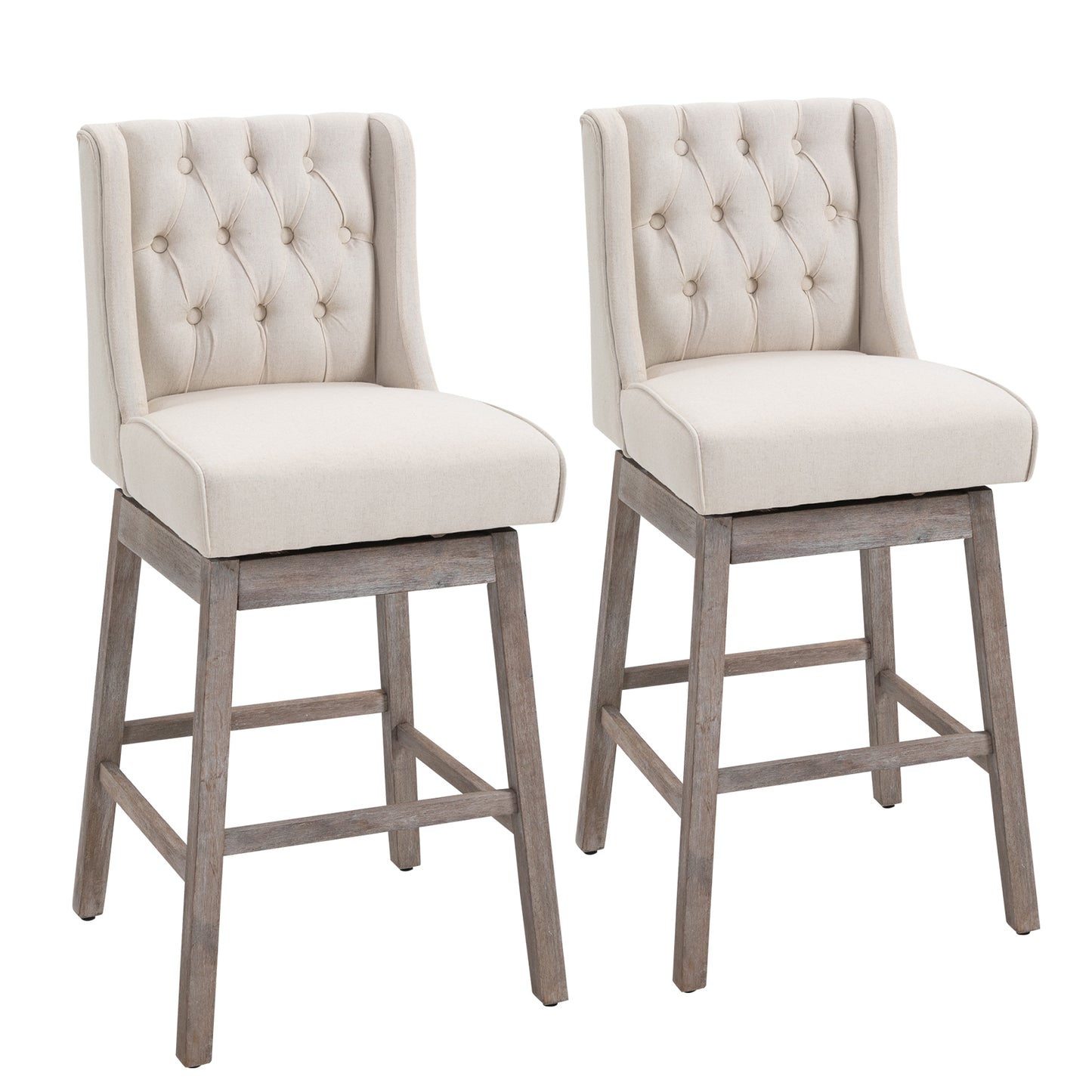 Pair of beige upholstered swivel bar stools with tufted backs and distressed wood legs