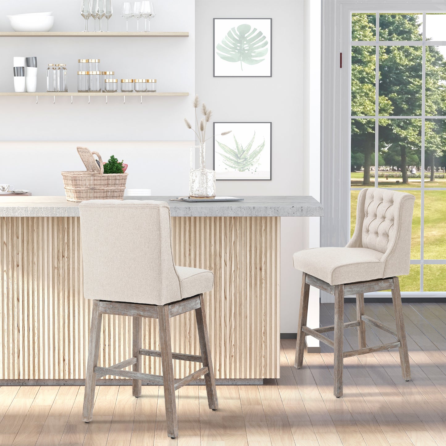 Beige upholstered tufted swivel bar stool with distressed wood legs