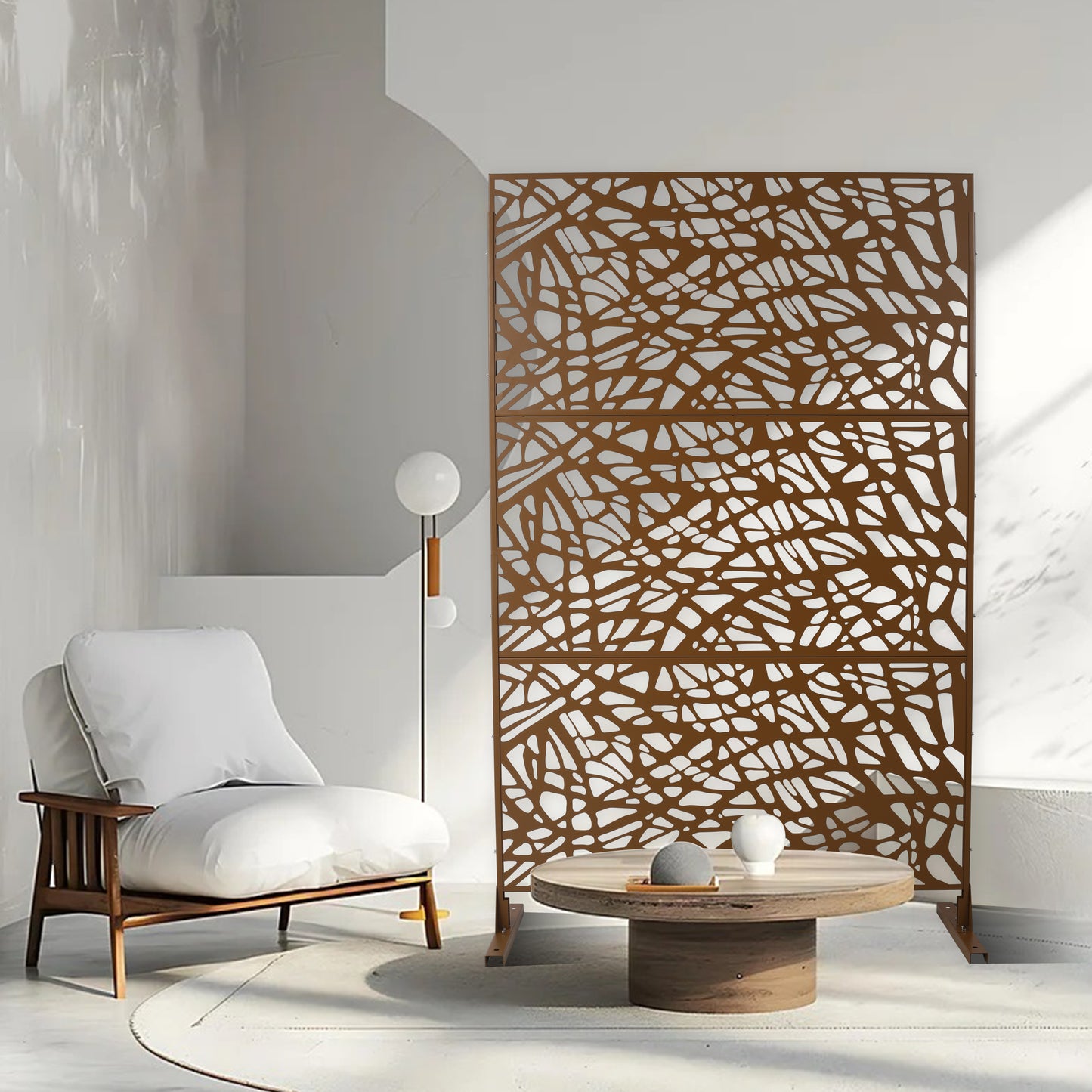 Brown metal garden screen with abstract cutout design perfect for outdoor privacy