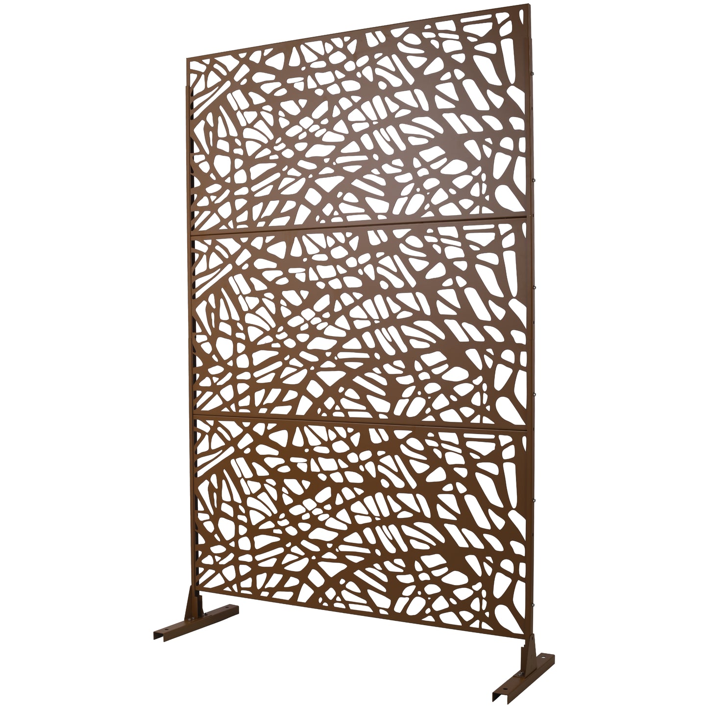 Bronze metal garden screen with organic abstract cutouts and sturdy base