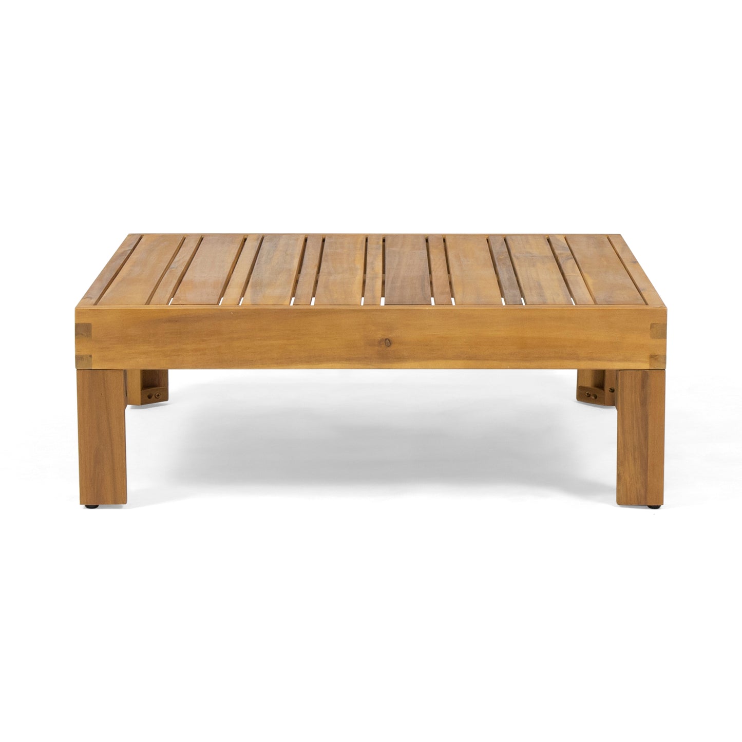Natural wood slatted square coffee table with clean lines and sturdy legs