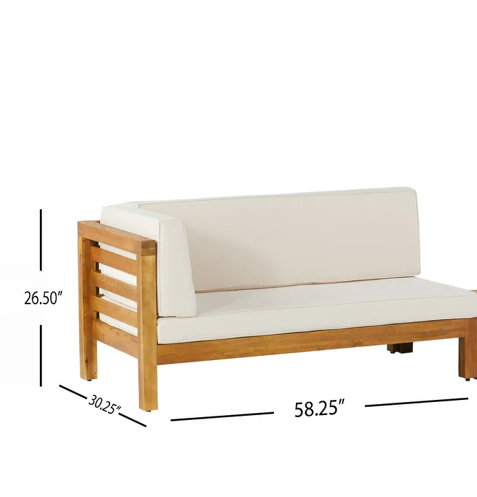 Wooden outdoor sectional with cream cushions and slatted armrest inches wide