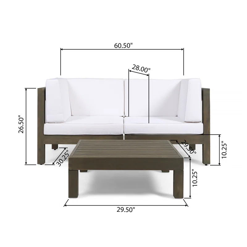 Modern grey wood outdoor sofa with white cushions dimensions shown