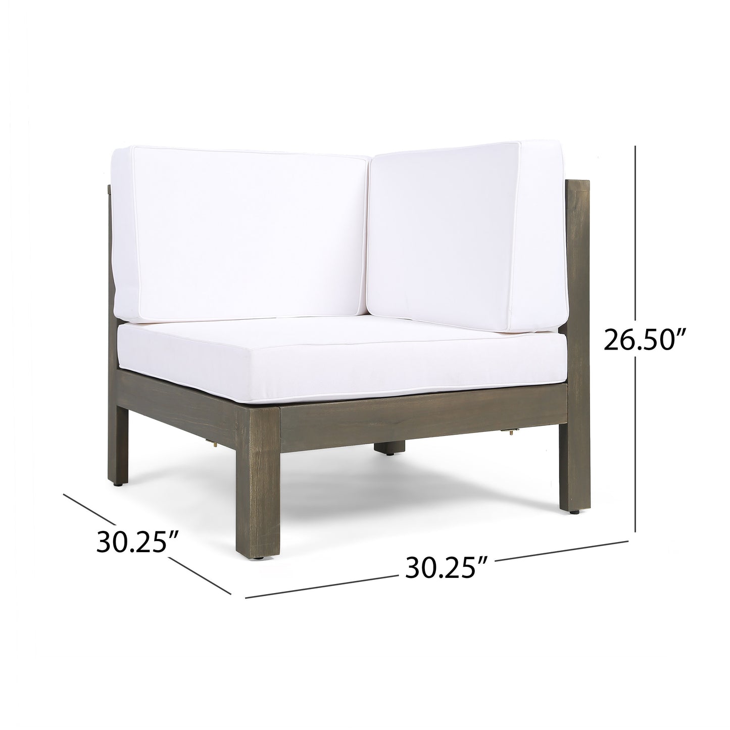 Rustic gray wooden sectional outdoor chair with plush white cushions