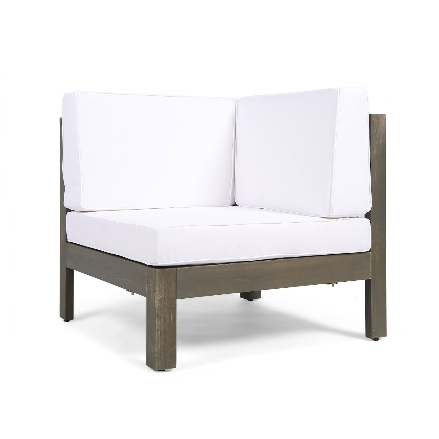 Corner outdoor sofa with weathered gray wood frame and plush white cushions
