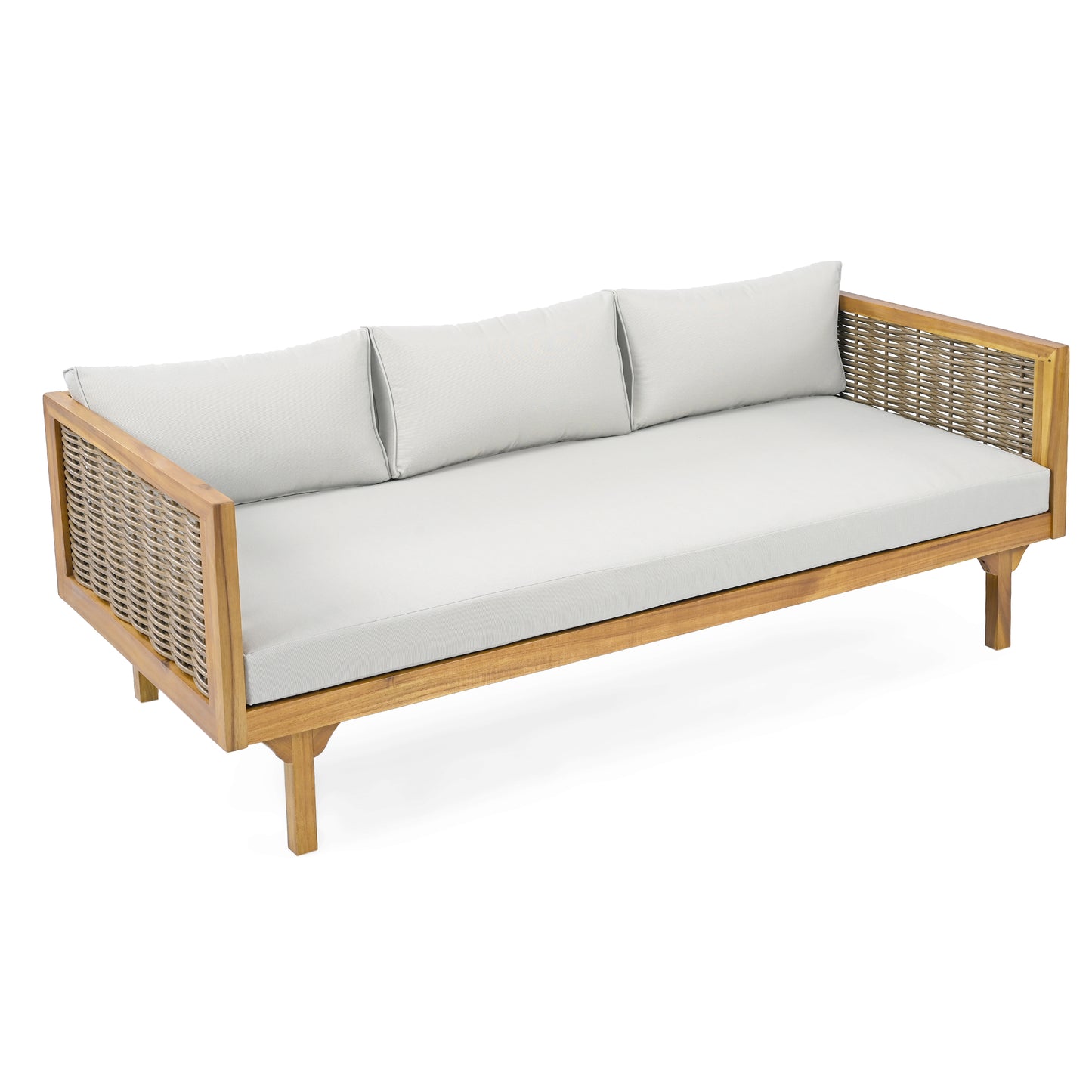 Outdoor wicker sofa with light grey cushions acacia wood frame and woven arms for patio relaxation