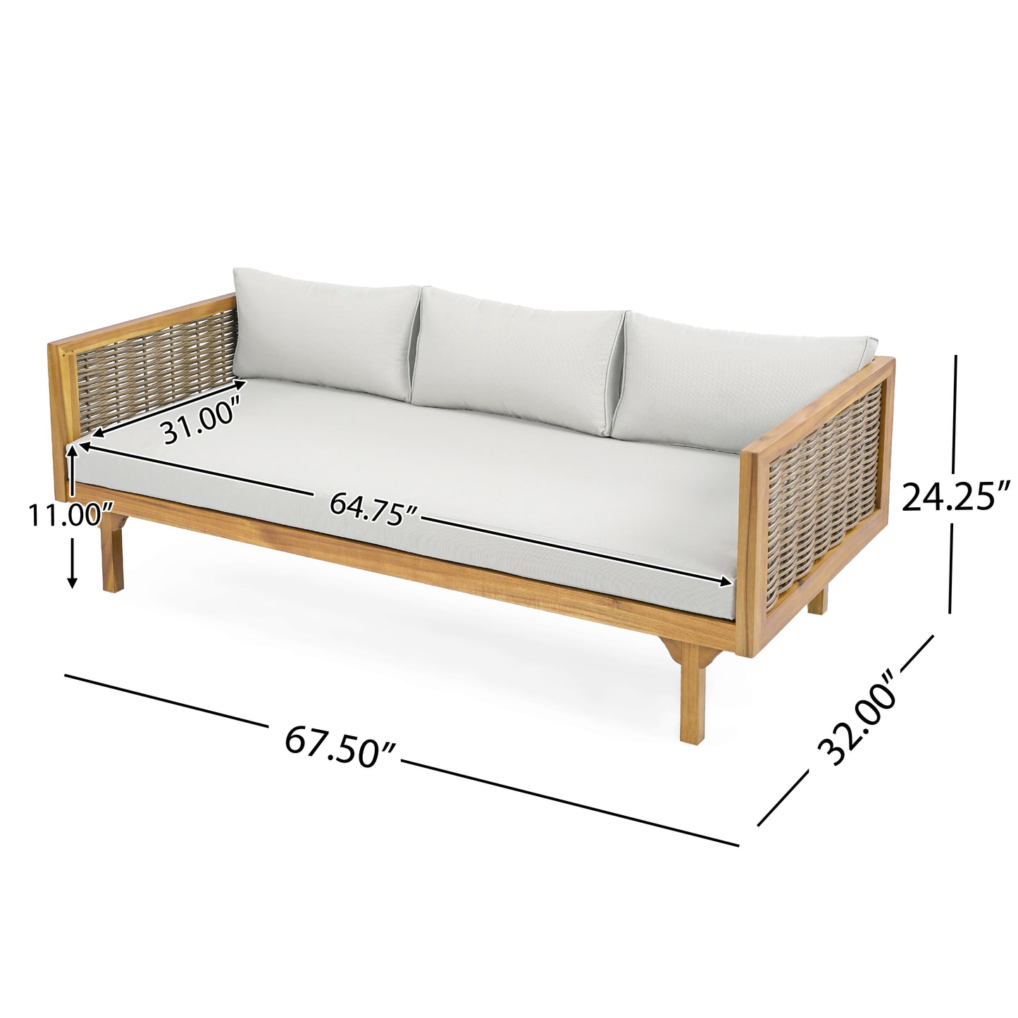 Teak wood and grey wicker sofa with light grey cushions suitable for outdoor patios