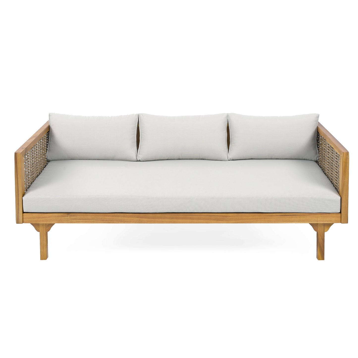 Modern outdoor daybed with woven sides and grey cushions perfect for patio relaxation