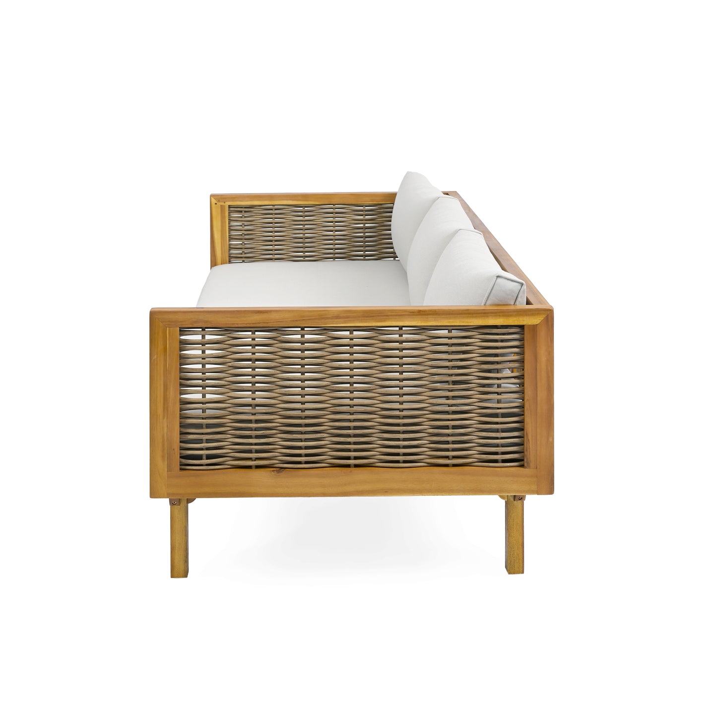 Modern woven rattan sofa with solid wood frame and white cushions