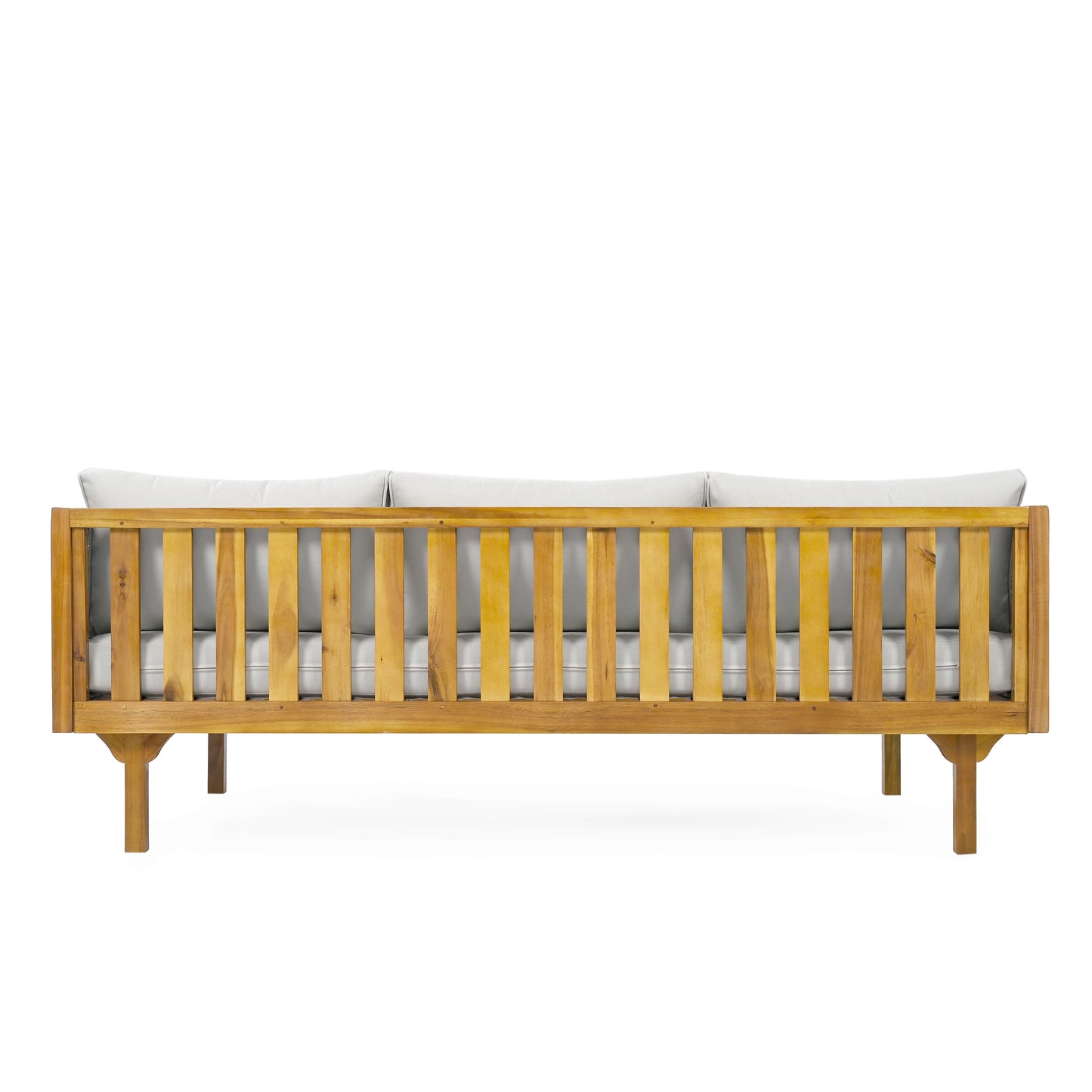 Wooden outdoor sofa with grey cushions and slatted back