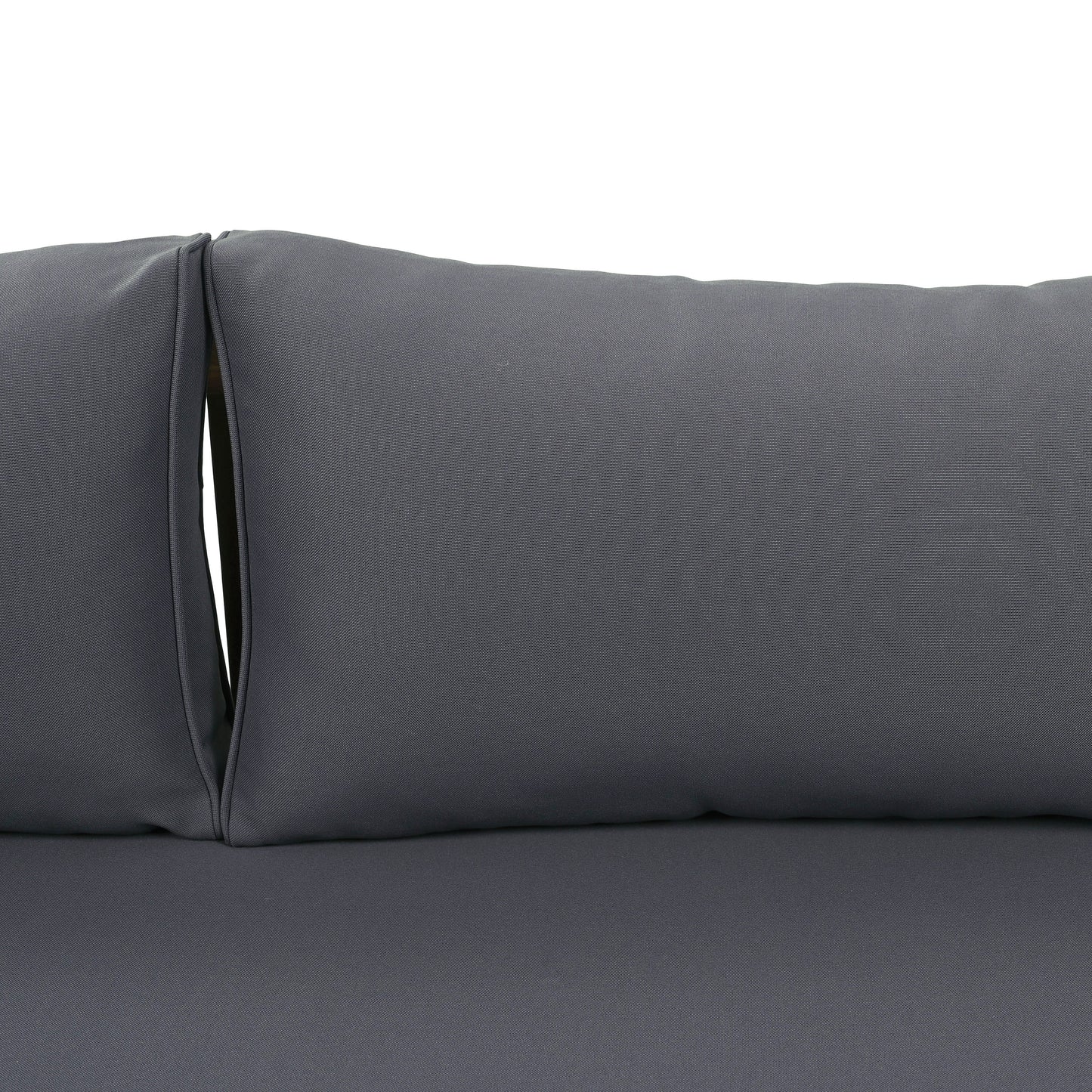 Dark grey outdoor sofa cushion with textured fabric and seamless stitching