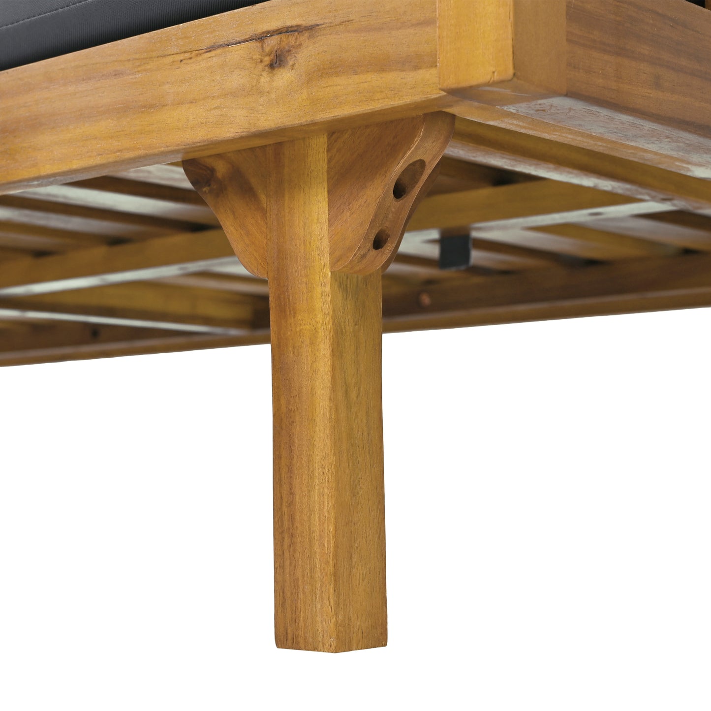 Closeup of natural wood sofa frame with dark cushion detail durable outdoor furniture