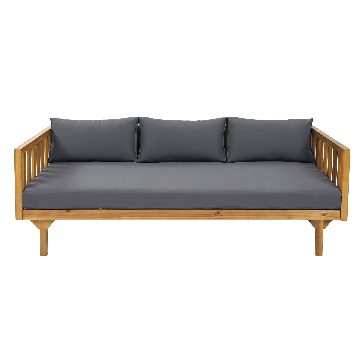 Natural wood outdoor sofa with dark gray cushions and three throw pillows