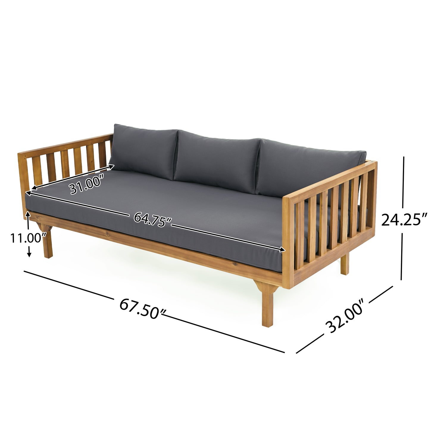 Wooden daybed with grey cushions and slatted back ideal for patio relaxation