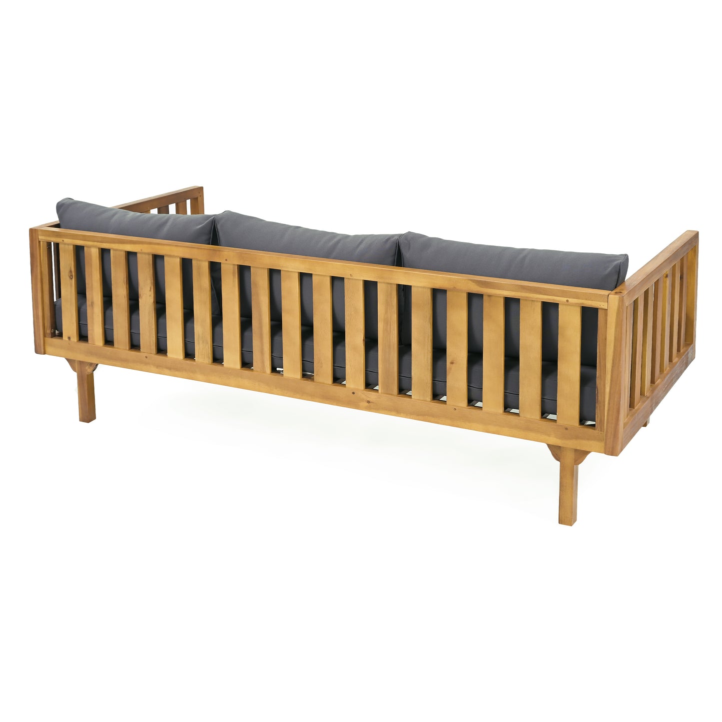 Acacia wood outdoor bench with charcoal gray cushions slatted back design