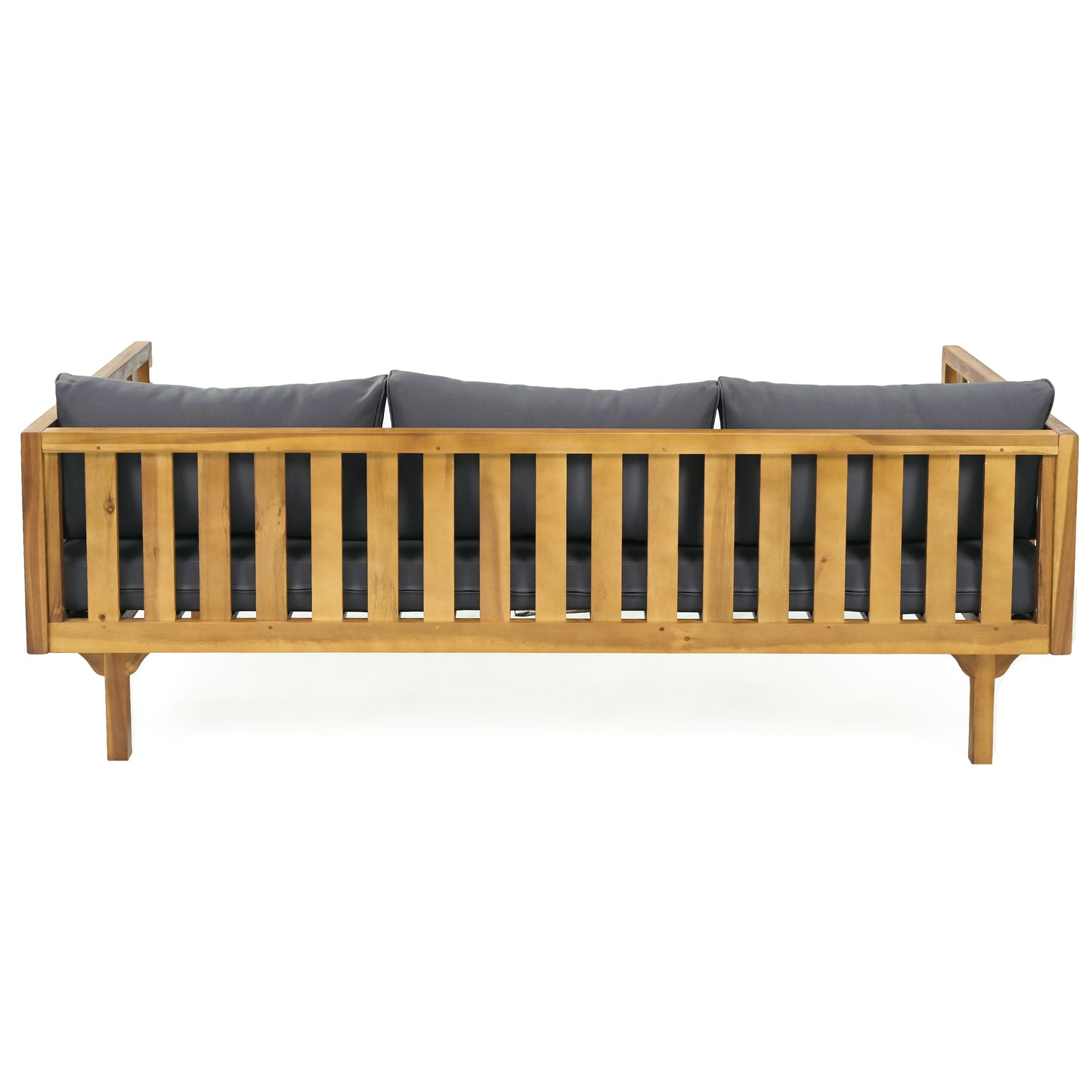 Acacia wood outdoor sofa with plush charcoal cushions and slatted backrest