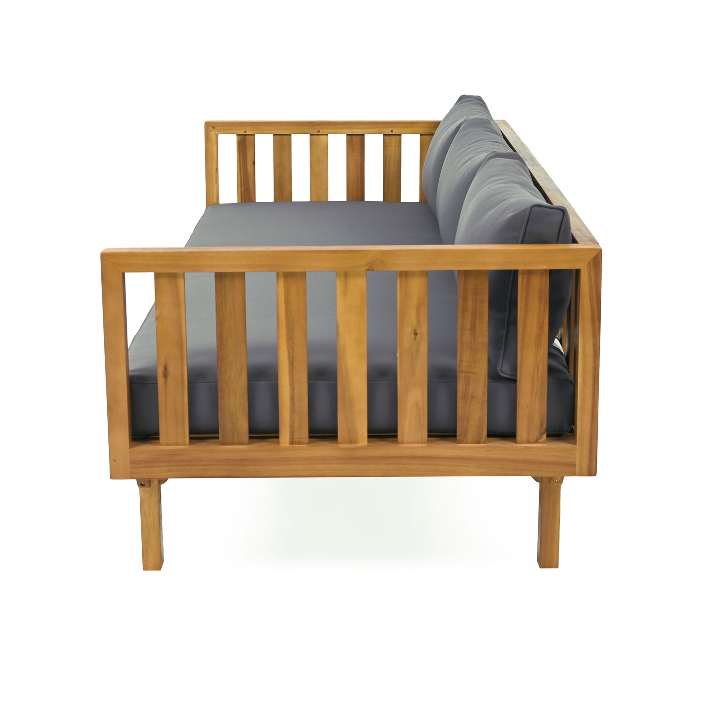 Wooden outdoor sofa with dark grey cushions slatted design modern patio furniture