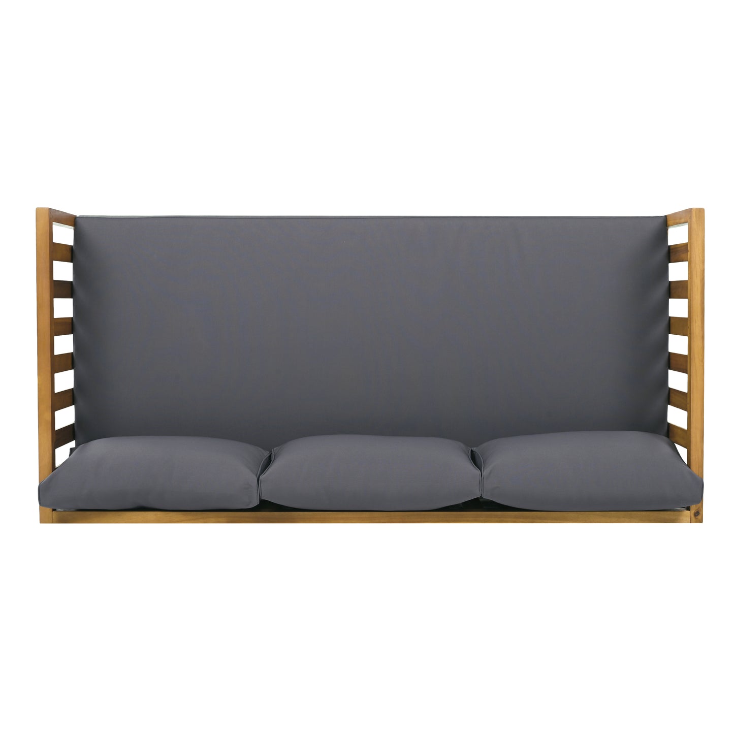 Wooden bench with charcoal cushions outdoor seating