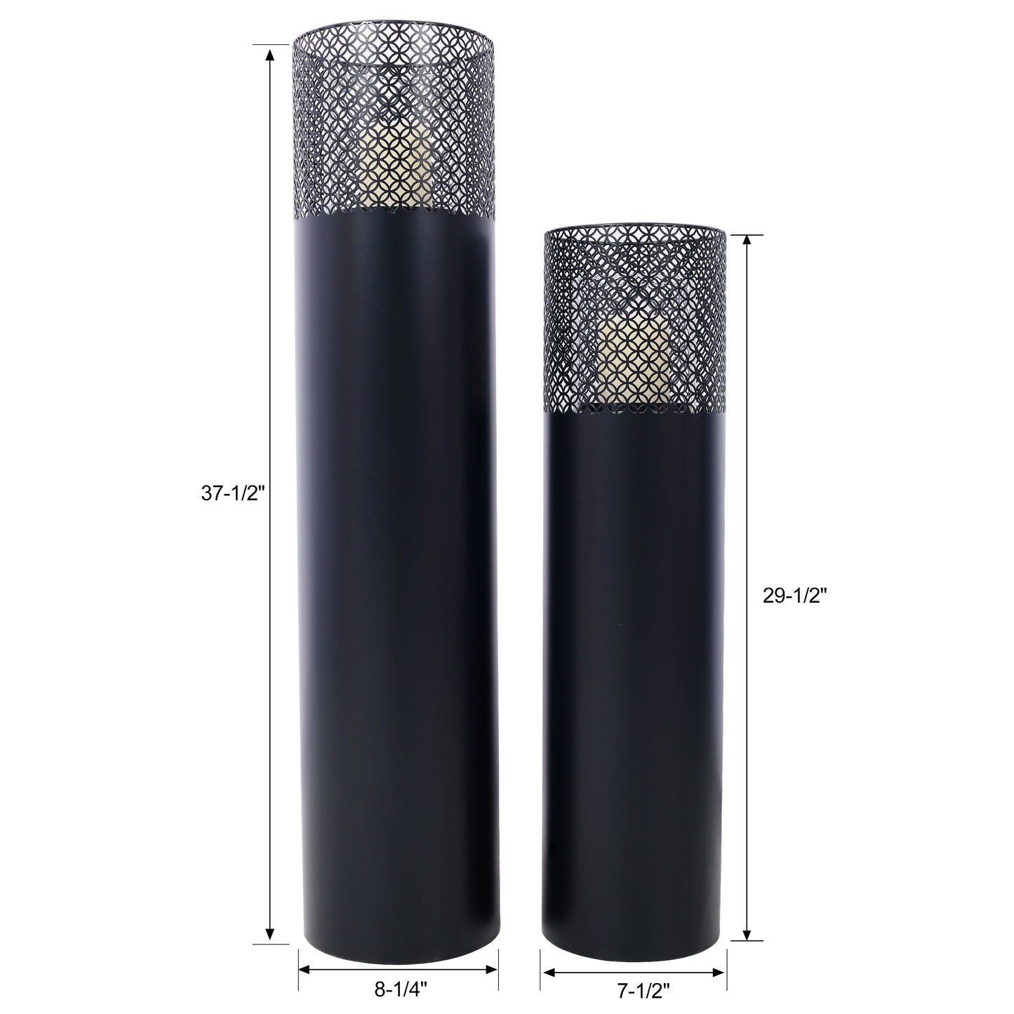 Two black metal floor lanterns with decorative patterned tops one tall and one short