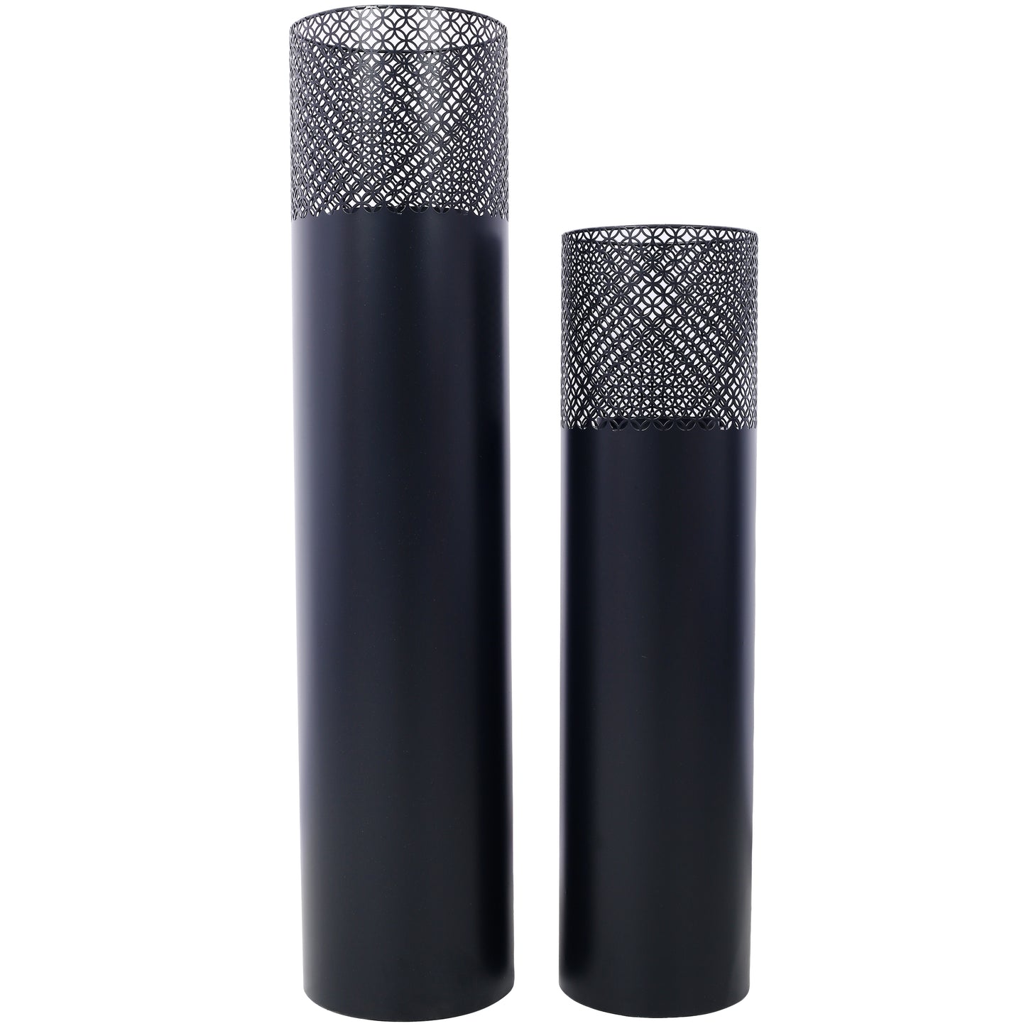 Two tall matte black cylinder vases with decorative openwork metal tops