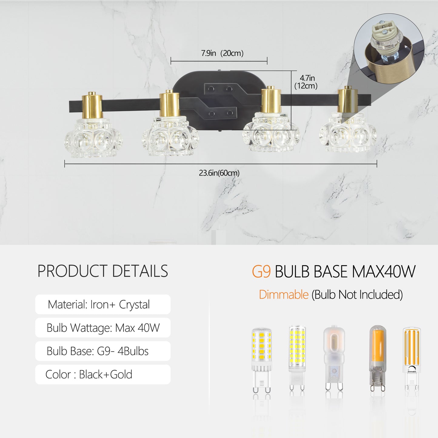 Black and gold vanity light with four crystal glass shades ideal for bathrooms