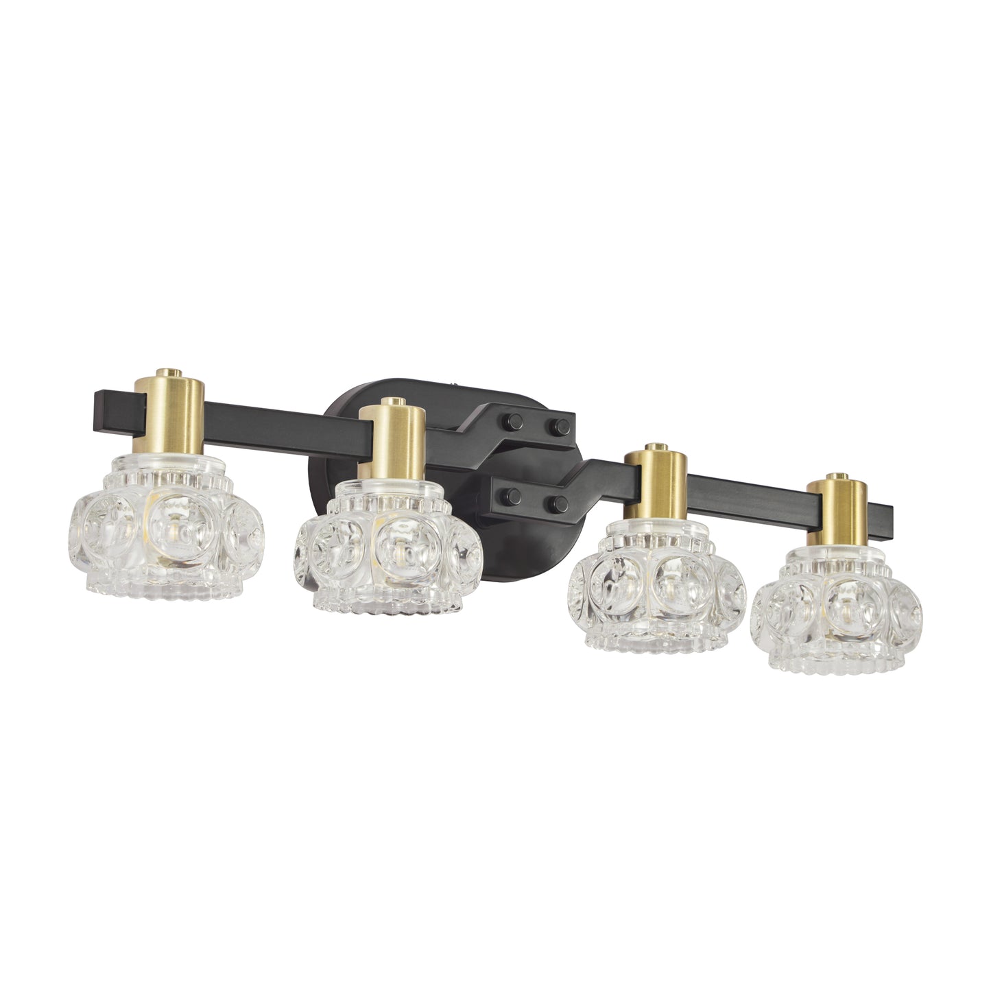 Fourlight black vanity light with ornate glass shades and brass accents