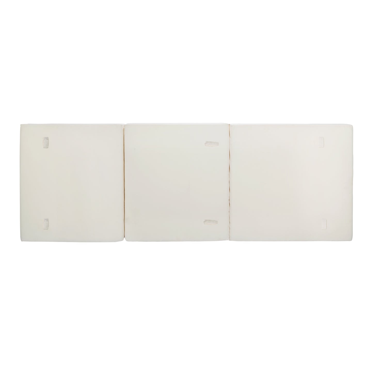 Three white modular ottoman cubes with textured fabric and discreet connector tabs for versatile arrangement