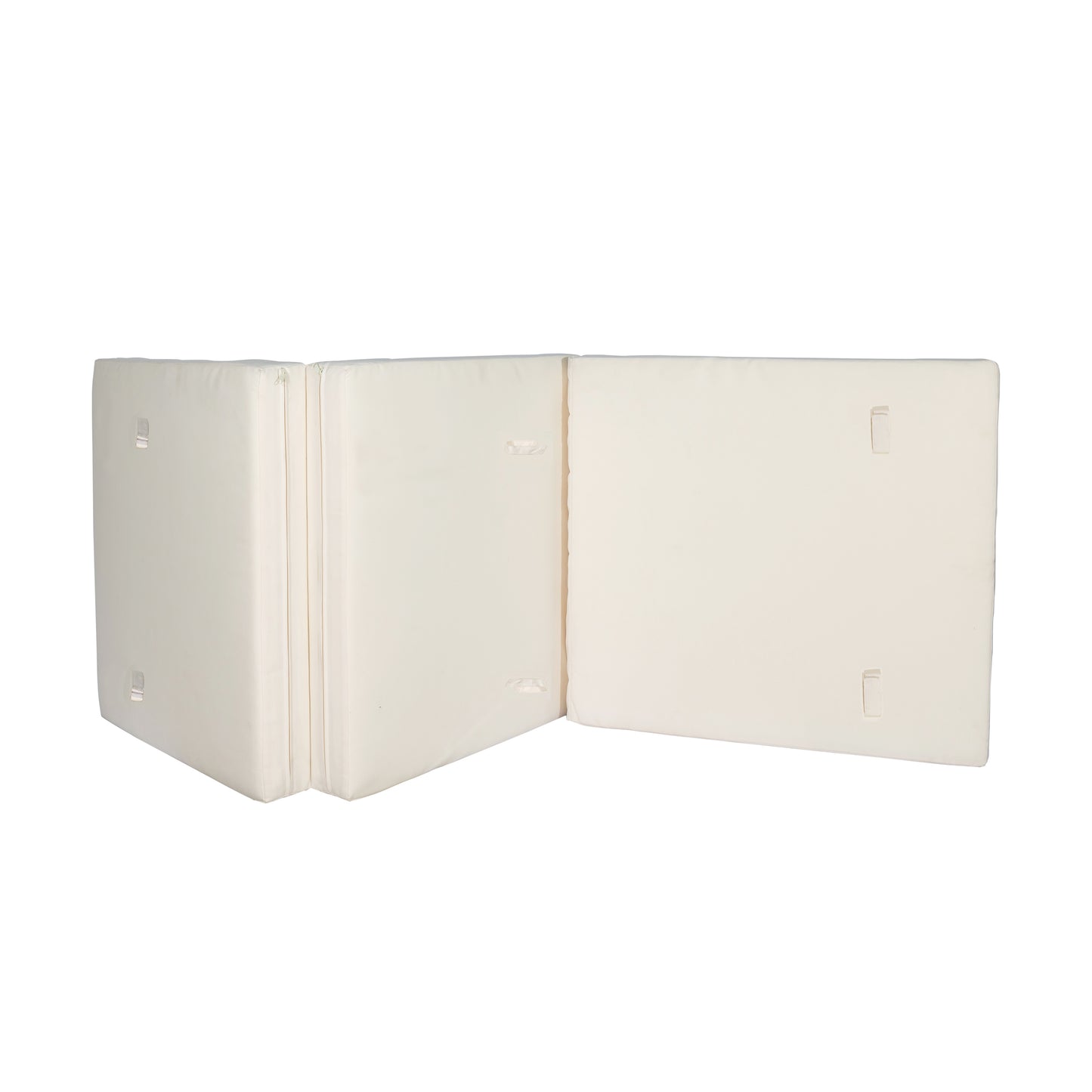 Cream colored trifold foam mattress laid out flat showing zipper seams and fabric texture