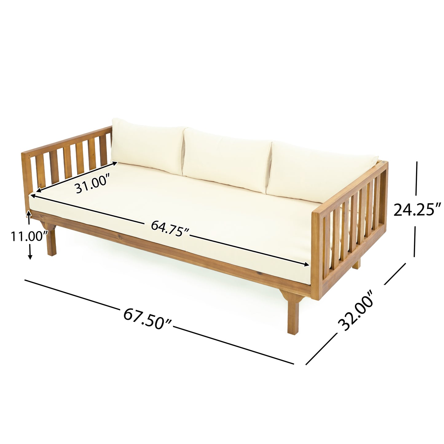 Wooden outdoor daybed with cream cushions and slatted arms