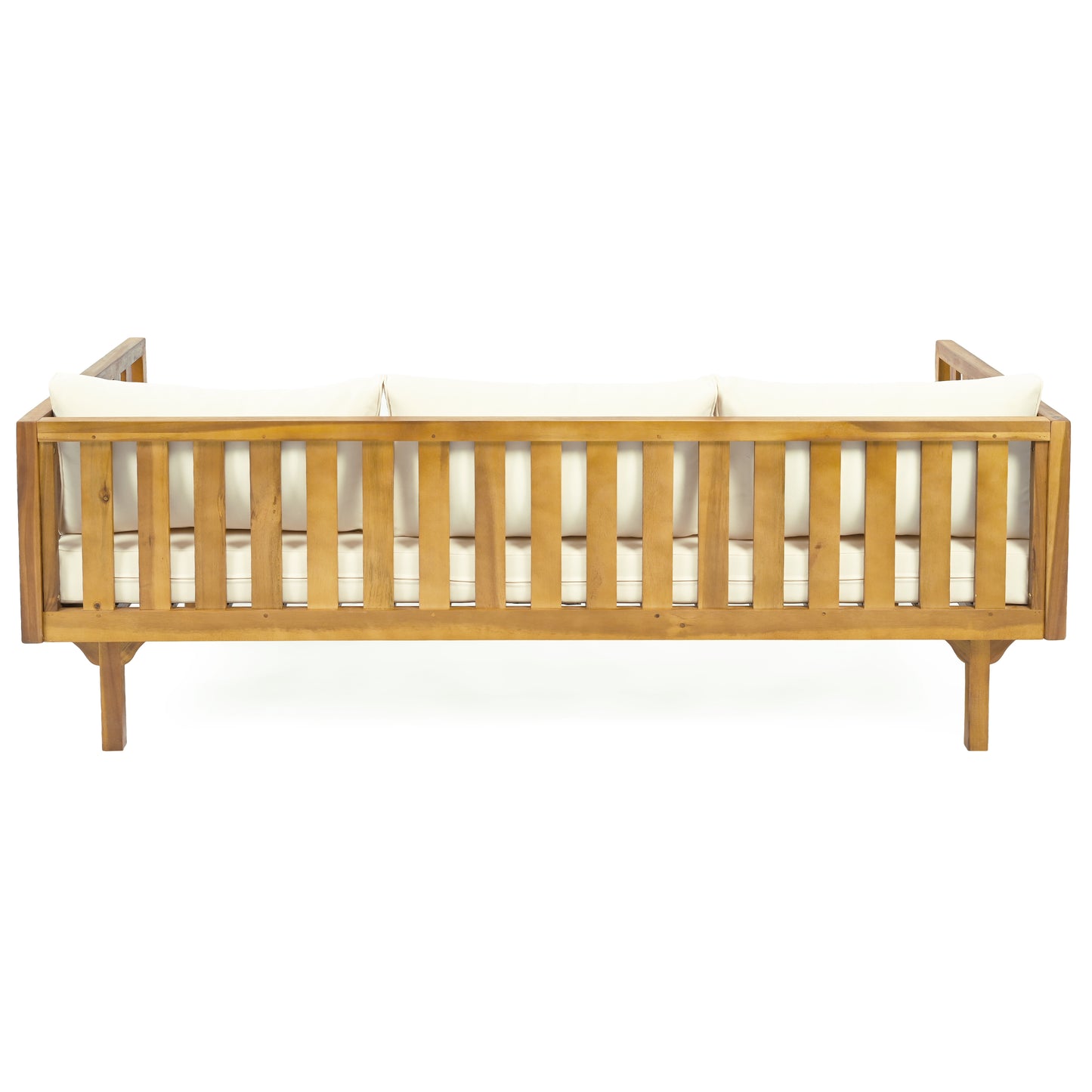 Acacia wood outdoor sofa with slatted back and cream cushions