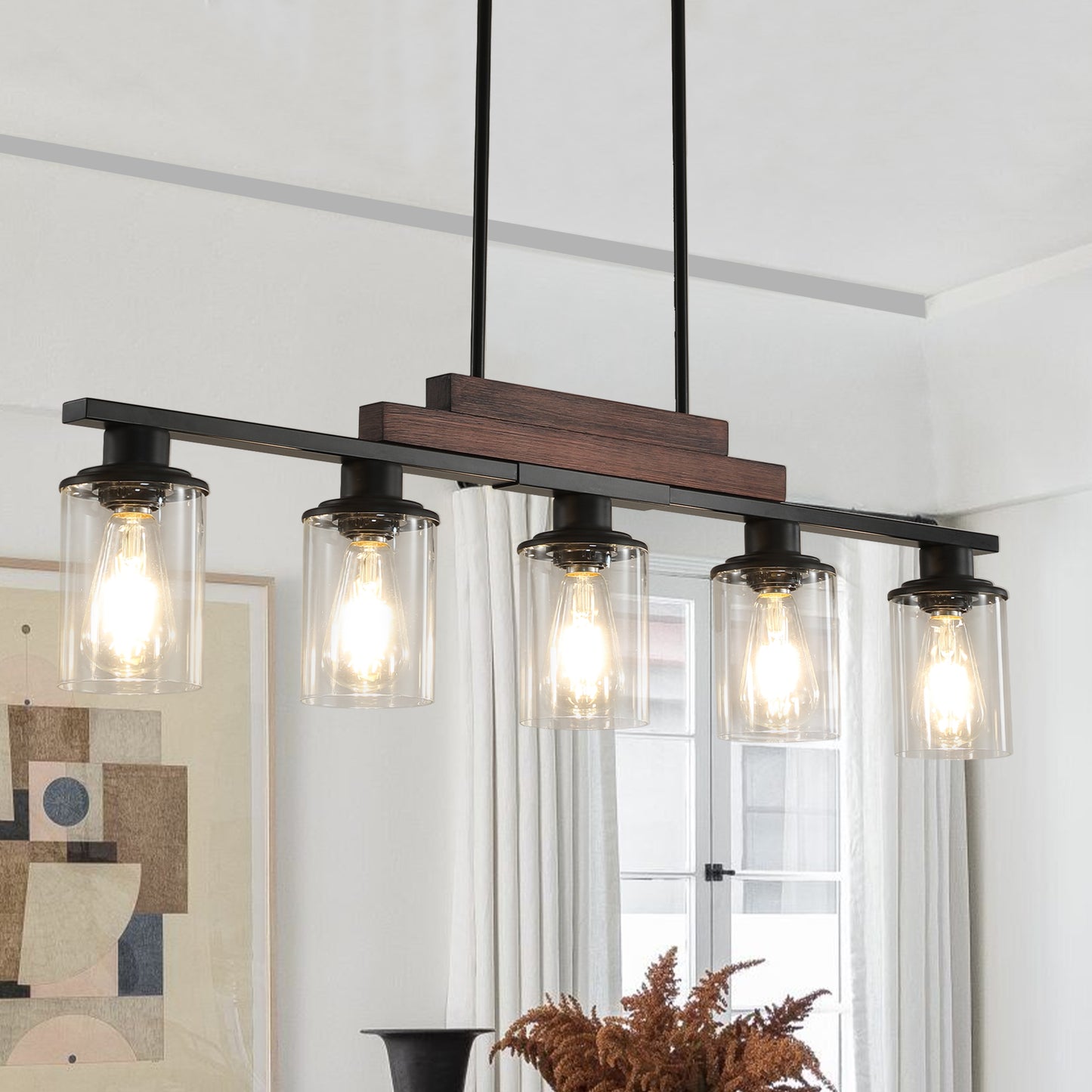 Black linear chandelier with glass shades and wood accent ideal for dining room lighting