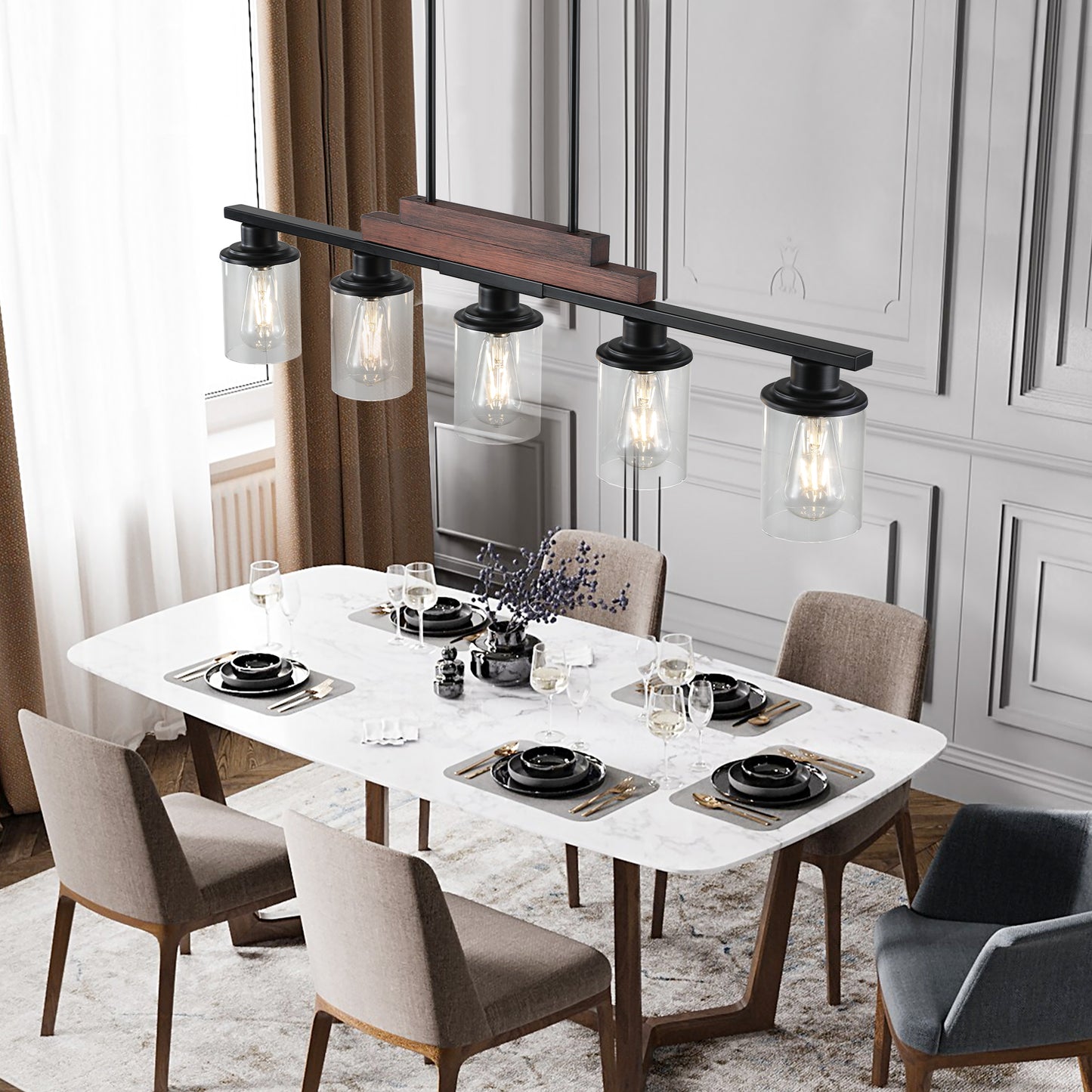 Fivelight linear chandelier with clear glass shades and faux wood accent