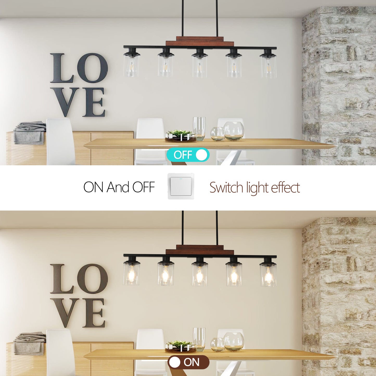 Fivelight black chandelier with wooden accents and clear glass shades above a dining table
