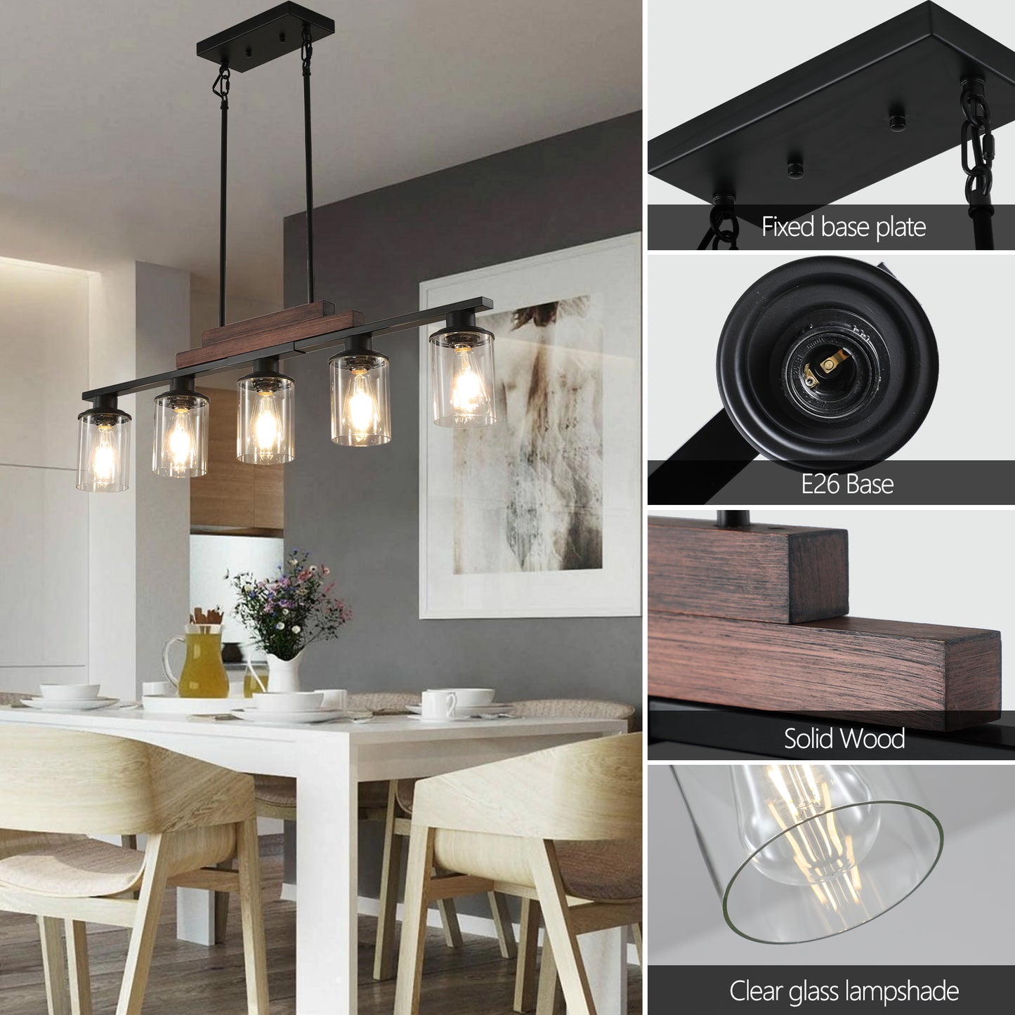 Industrial island pendant light with faux wood accents and clear glass shades