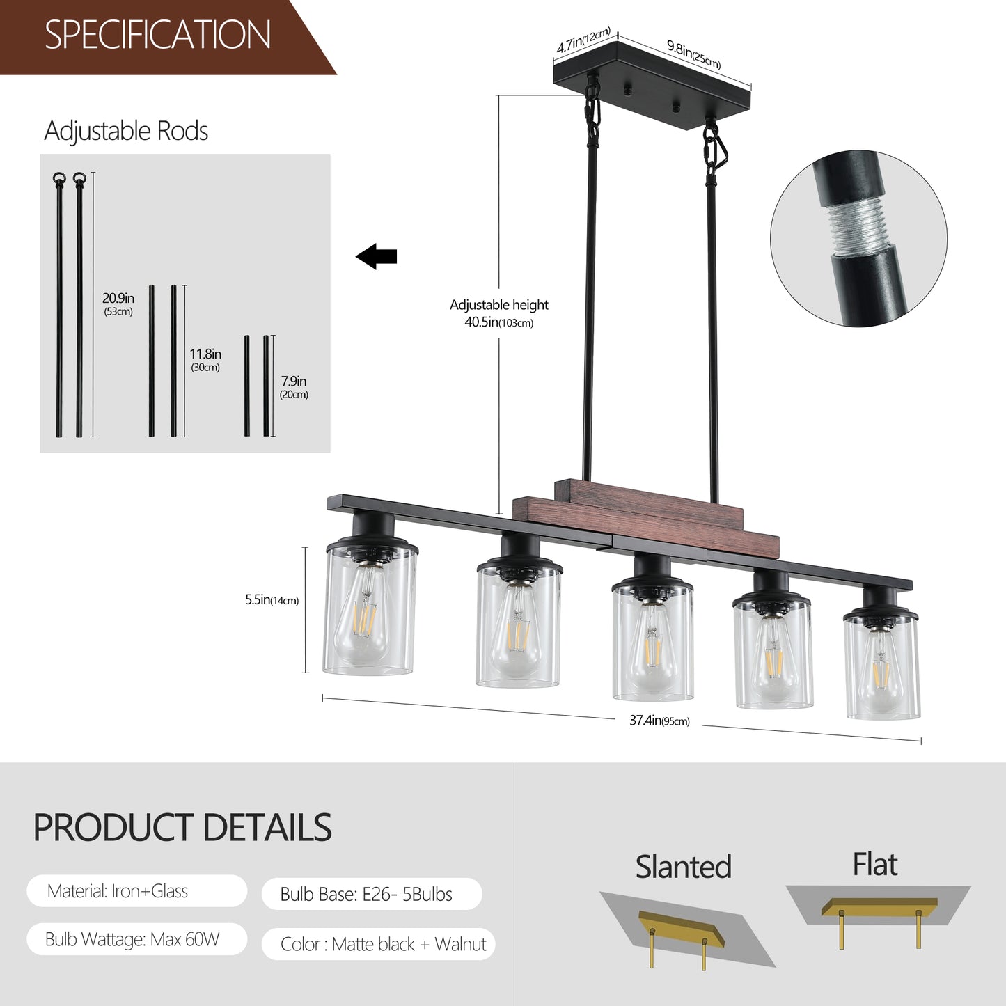 Black linear chandelier with glass shades and wood accents featuring adjustable rods