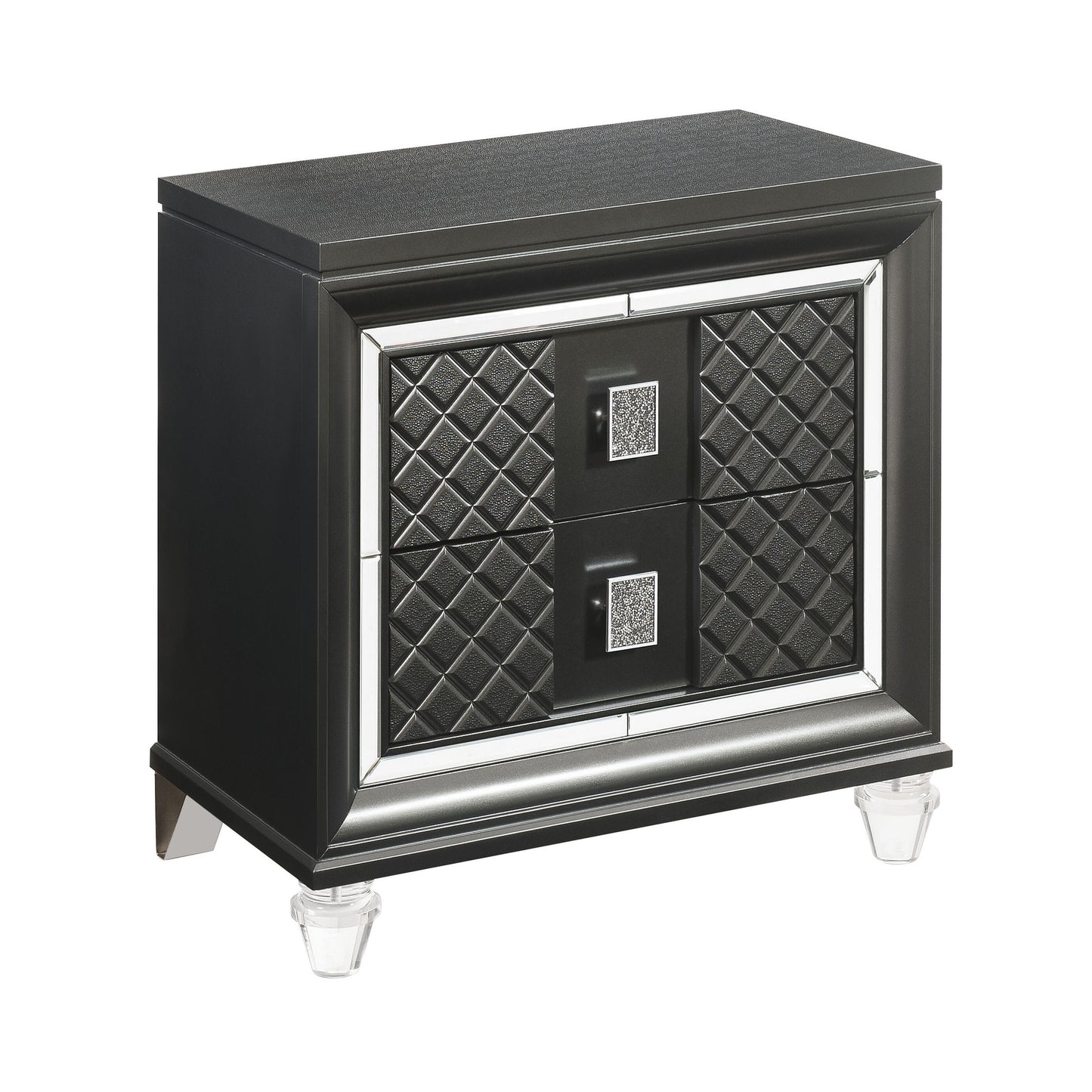 Black upholstered nightstand with two drawers featuring diamond quilting and crystal knobs